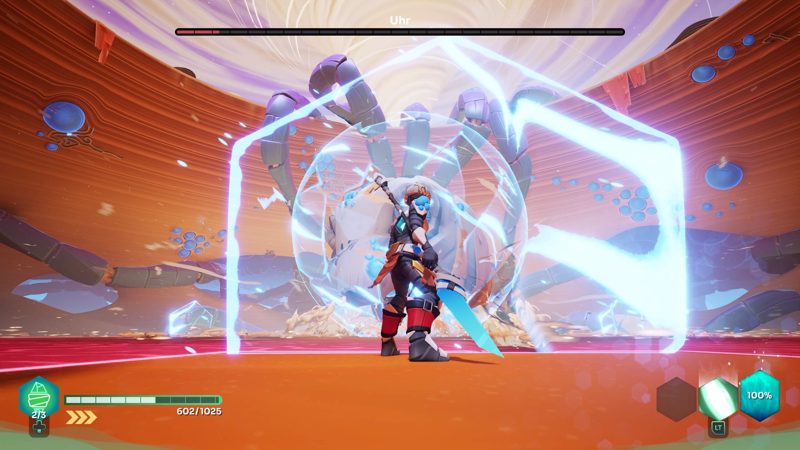 Screenshot from GODBREAKERS. A warrior in battle stance wields a glowing sword, facing a giant, tentacled creature in a vibrant, energy-filled landscape.