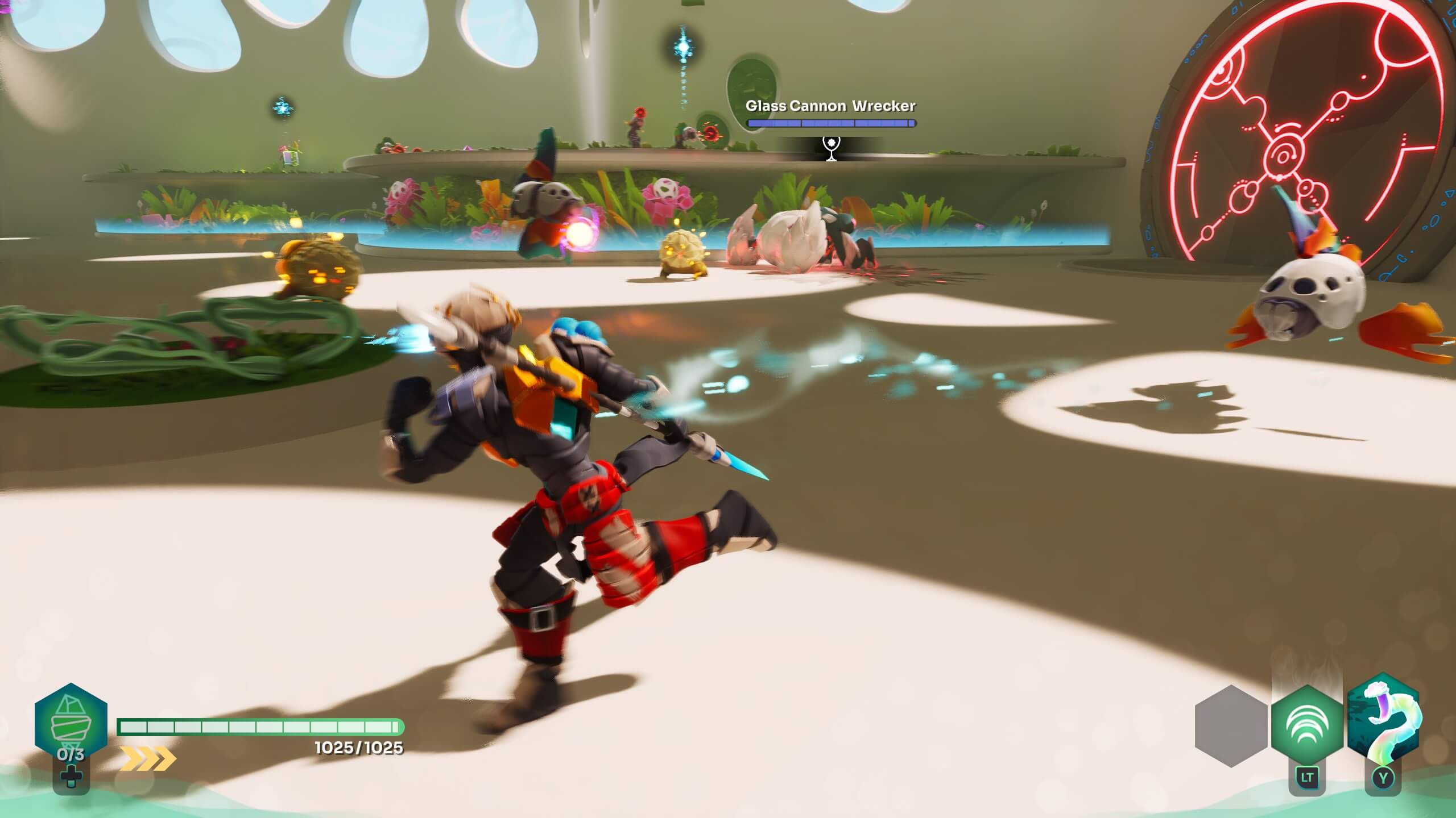 Screenshot from GODBREAKERS. A character in a futuristic arena dodges enemies while wielding a weapon, with colourful plants and creatures in the background.