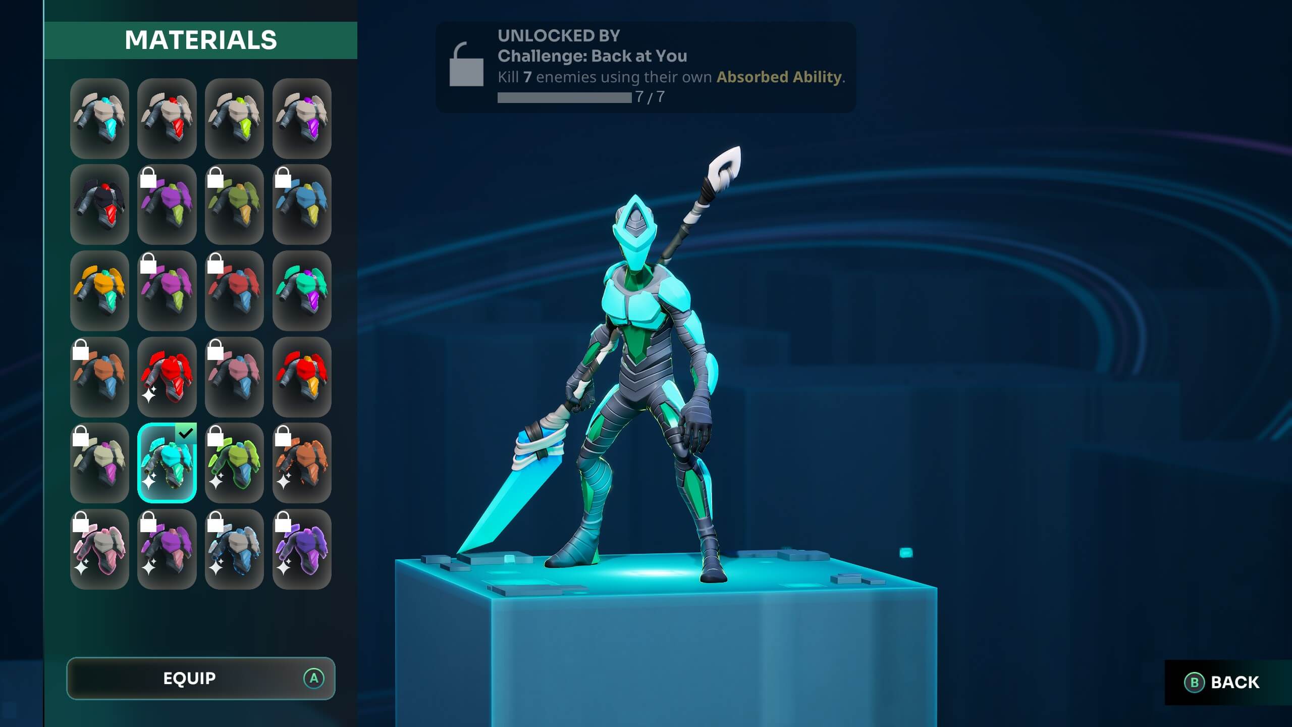 Screenshot from GODBREAKERS. A digital character stands on a platform, showcasing a futuristic blue-and-green suit, with a sword and a challenge notification above.