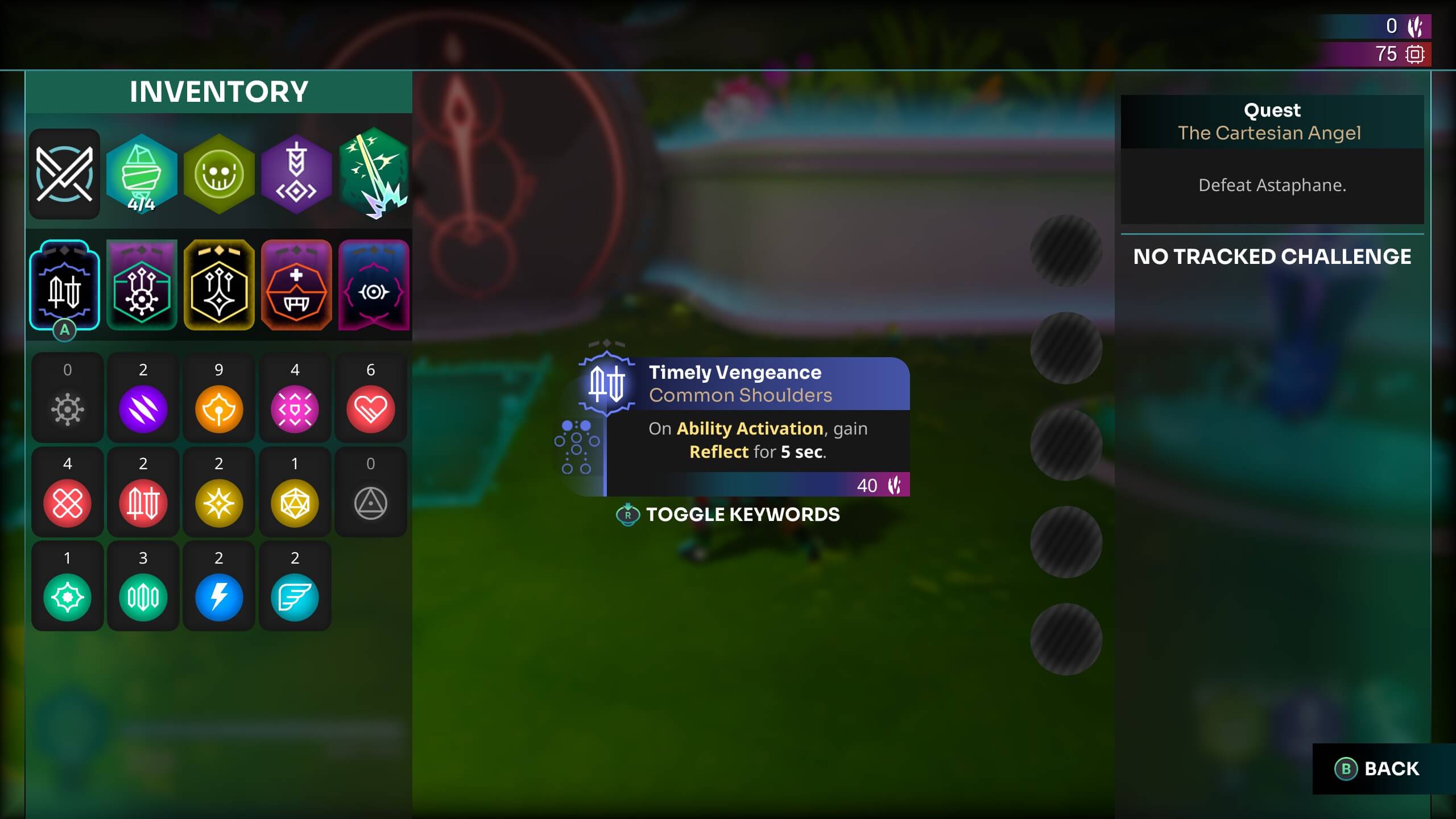 Screenshot from GODBREAKERS. An inventory screen displays various icons, highlighting “Timely Vengeance” shoulders, which grant a 5-second Reflect ability on activation.
