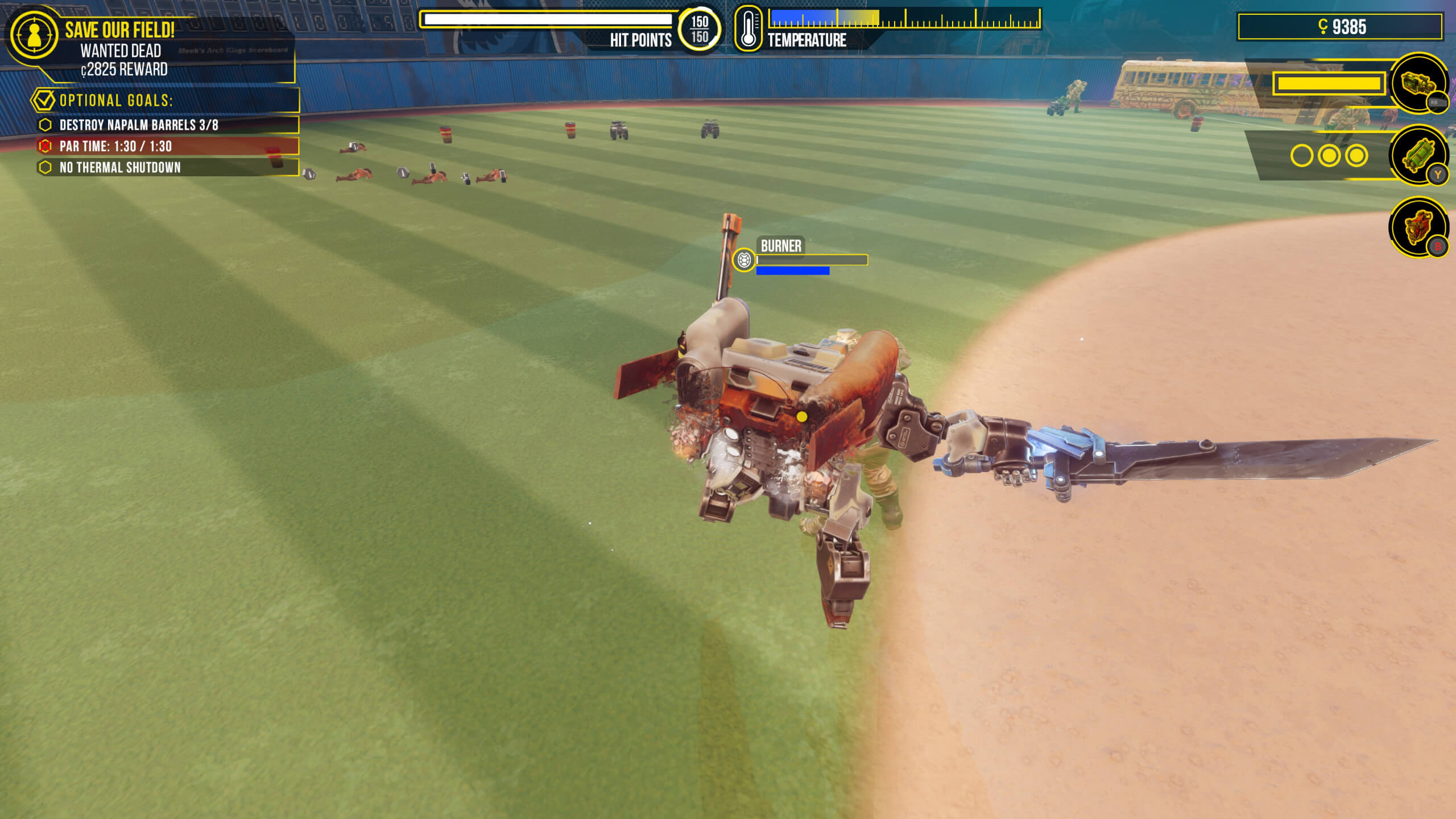 A robotic character with a sword stands in a baseball field, surrounded by various items to destroy, with a scoreboard displaying objectives.