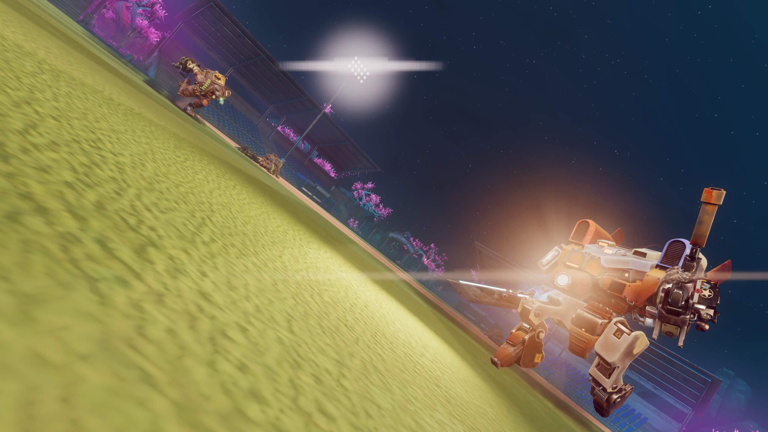 A futuristic robot, armed and dynamic, races across a vibrant, illuminated field under a starry night sky.