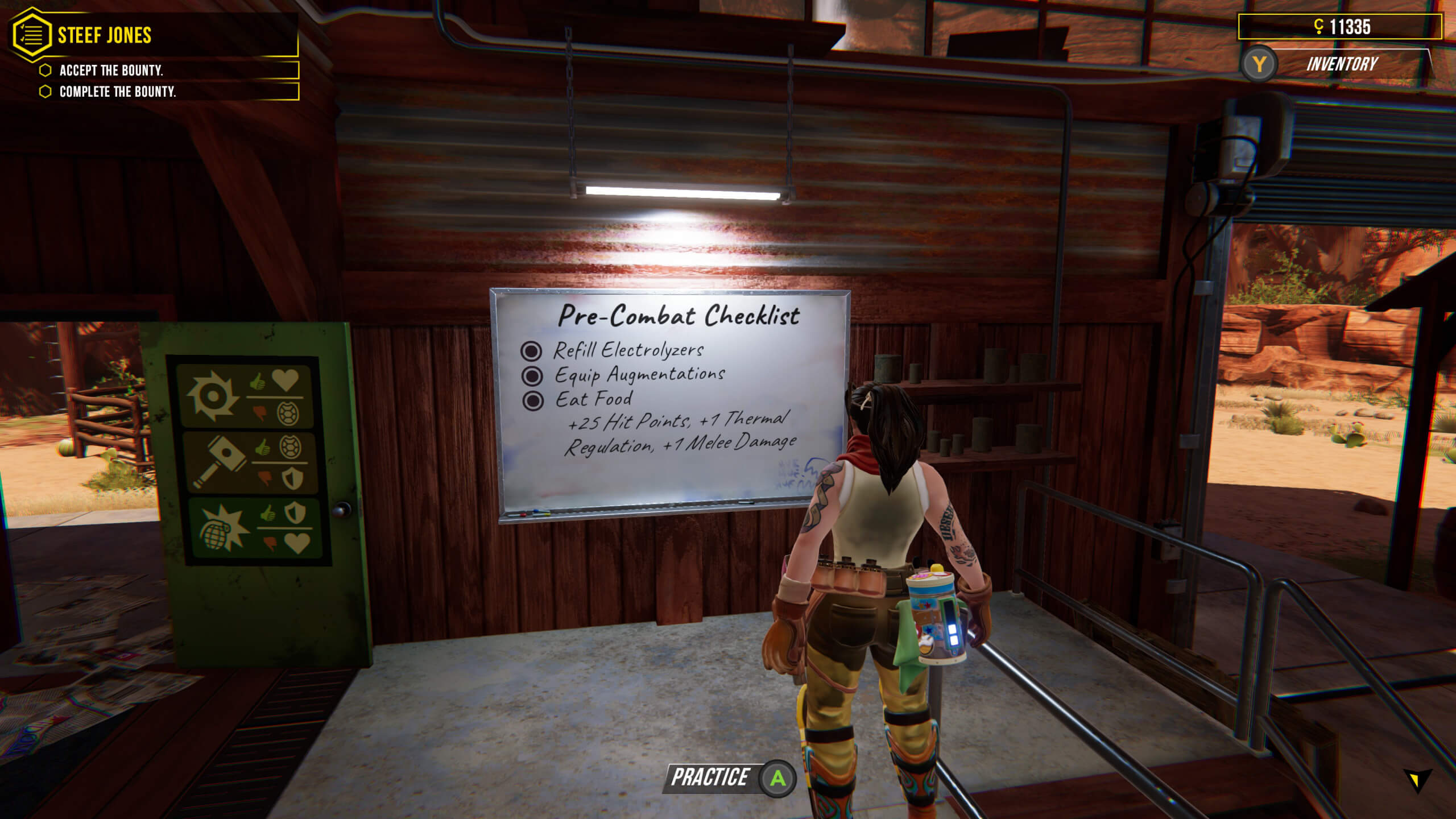A character examines a "Pre-Combat Checklist" on a wall, detailing tasks like refilling supplies and eating food for a game.