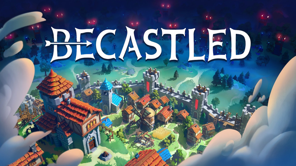 Becastled key art featuring the game's logo atop a cartoon, stylised image of a medieval village viewed from above at a 45 degree angle.