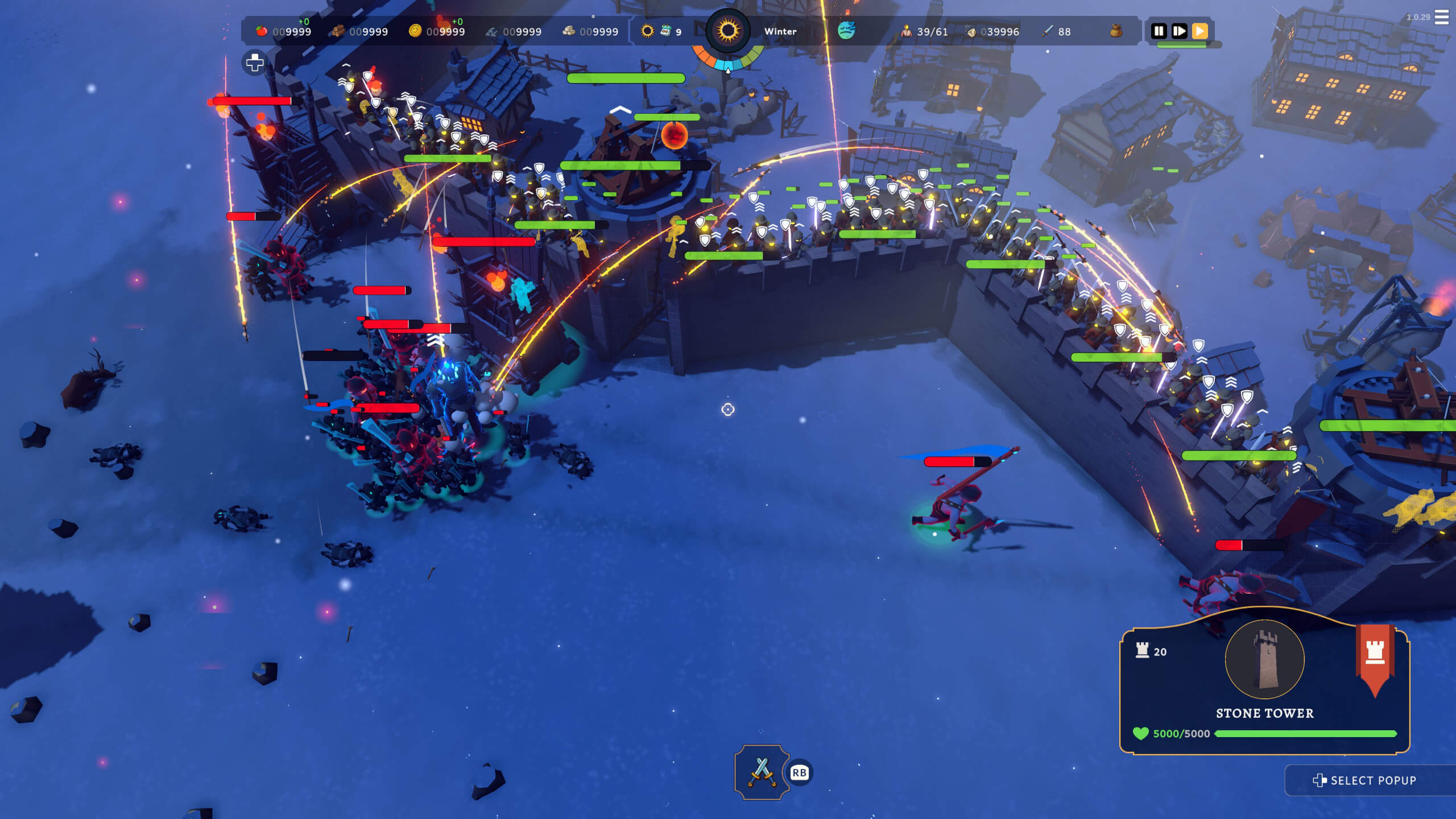 The image captures a scene from the game "Becastled," presenting a top-down view of a winter siege. A large stone castle is under assault by a horde of enemies in a snowy landscape. Defenders, arrayed along the castle battlements, are engaging the attackers with arrows and artillery fire, represented by white projectiles. The horde, a mix of red and blue figures, swarms towards the castle walls. In the top corners there is the game UI displaying resources, season, and other relevant data. At the bottom right, there is a UI displaying elements referring to the Stone Tower.