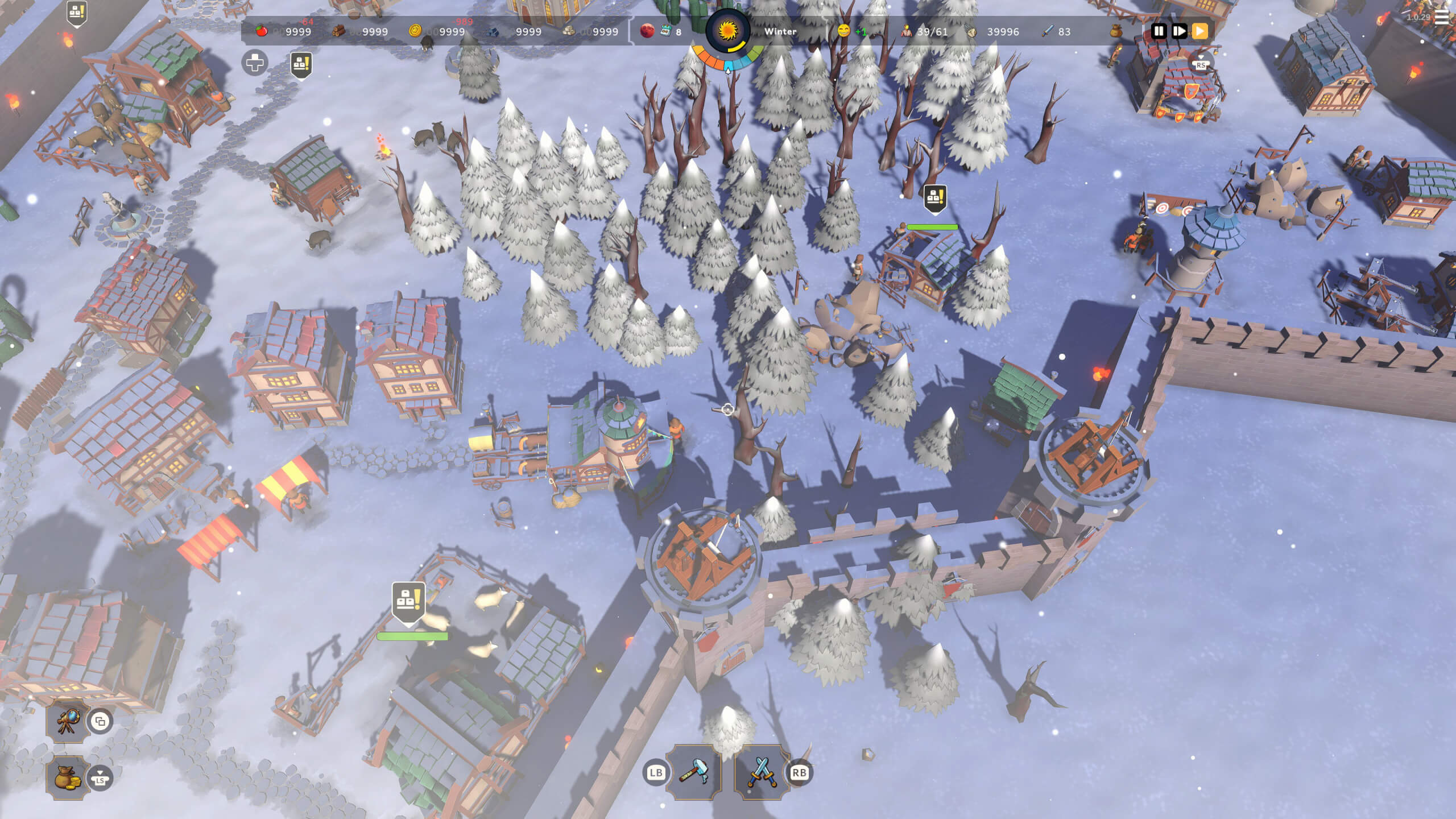 Overhead view of a winter scene from the game "Becastled". The landscape is covered in snow. A fortified settlement is visible, with buildings featuring peaked roofs, defensive stone walls, and watchtowers with orange-tiled roofs. Clusters of snow-covered fir trees and bare deciduous trees are interspersed throughout the scene. The user interface elements at the top display resource levels (wood, stone, food, and iron) and the season (winter). The bottom part of the image shows some hotkeys that can be used in-game.