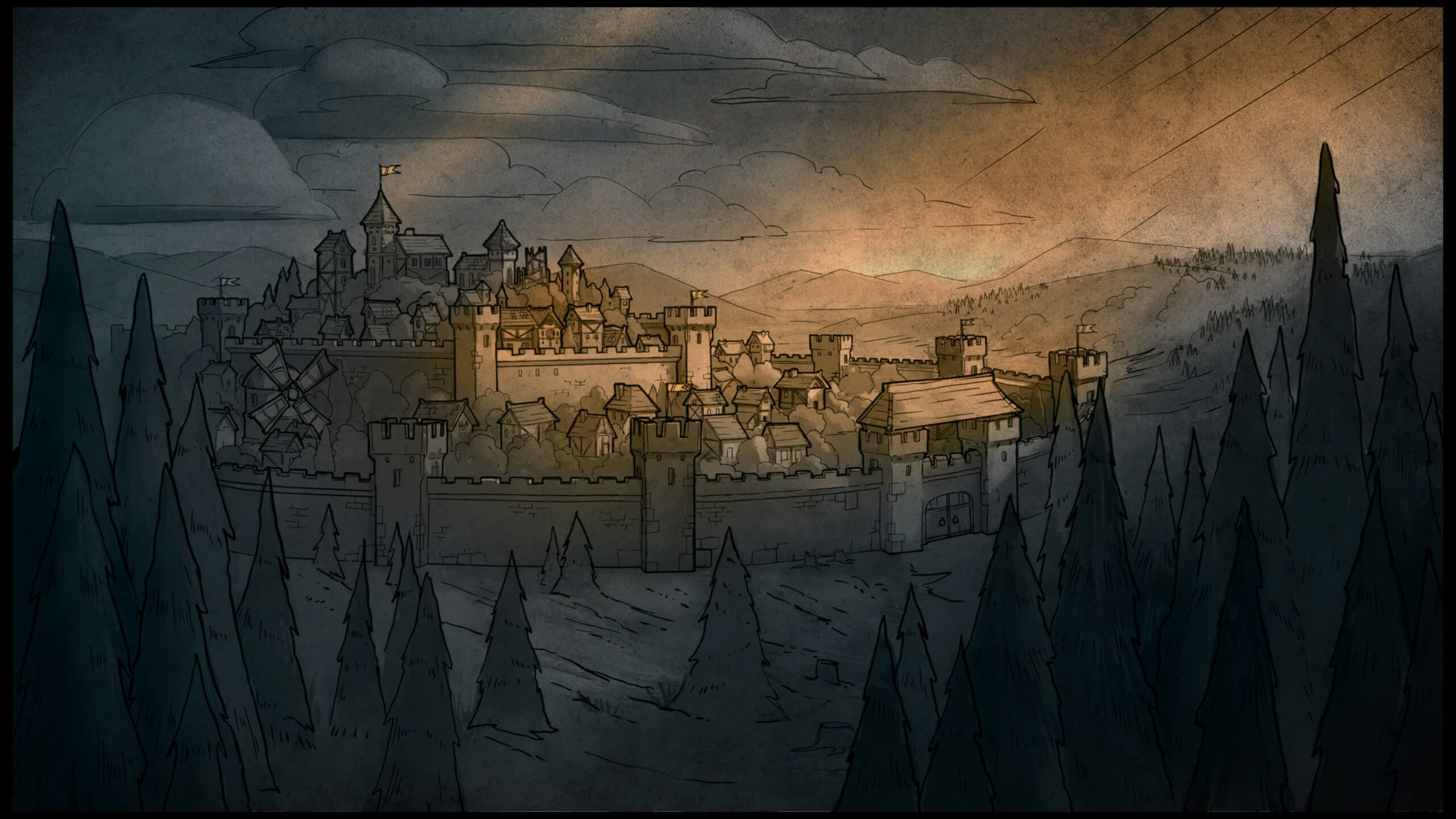 This stylised illustration depicts a sprawling medieval fortress from the game Becastled viewed from a distance, partially obscured by tall, dark pine trees in the foreground. The fortress is constructed with sturdy stone walls and numerous towers. It houses various buildings, including a windmill, all nestled behind the protective fortifications. In the background, rolling hills and mountains fade into a slightly overcast sky, with hints of sunset tones adding warmth to the scene. The artwork has a hand-drawn aesthetic, evoking a sense of historical depth and strategic gameplay.