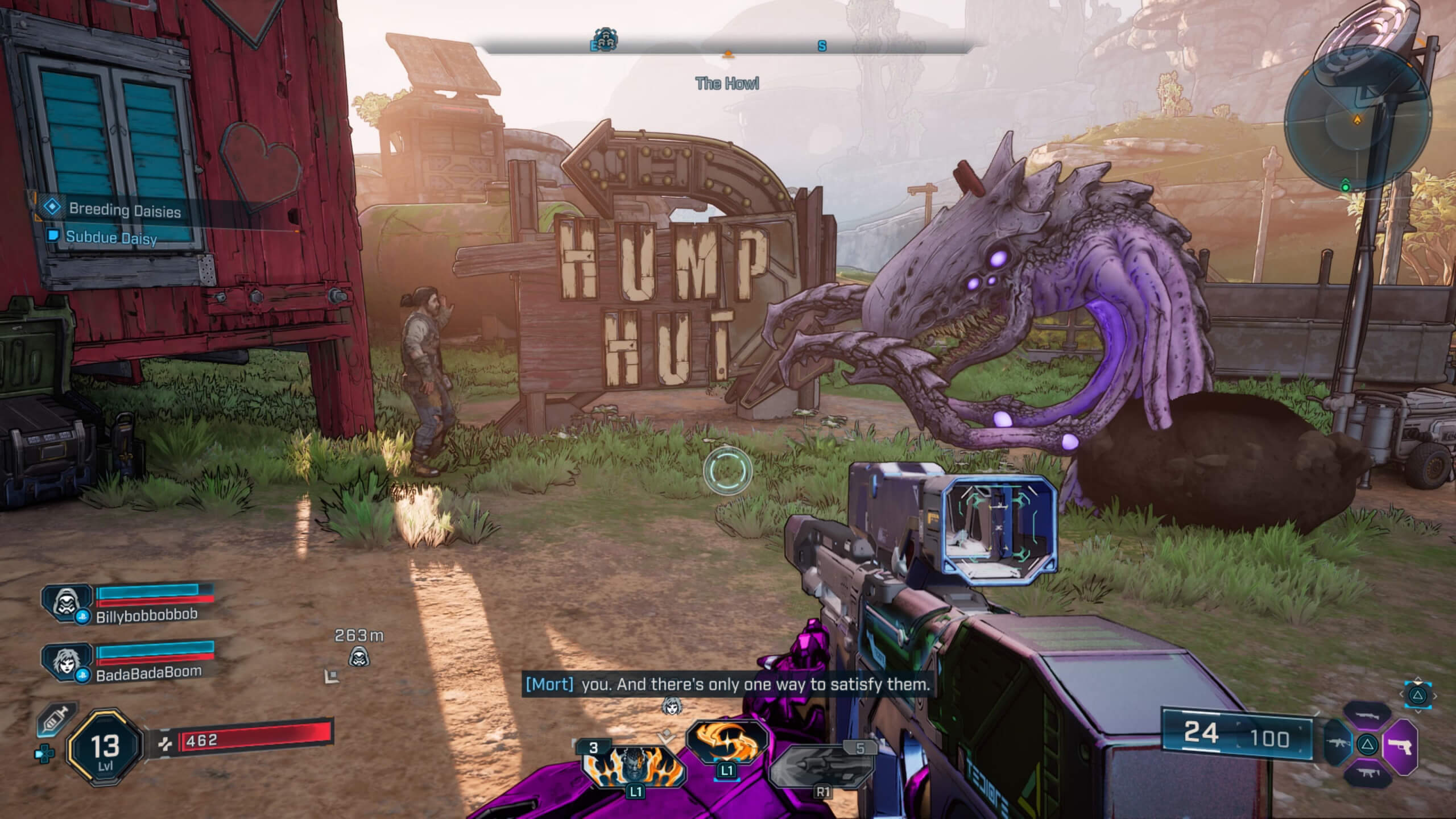 screenshot from borderlands 4 showing a thresher in front of a cabin called the hump hut