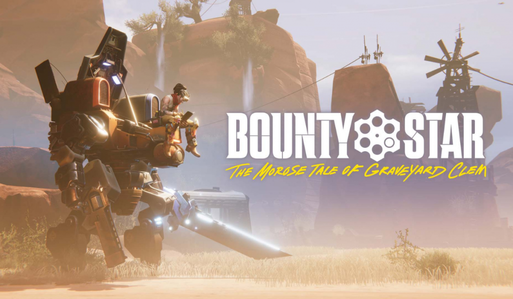 A character rides atop a large mech in a desert landscape, showcasing artwork for the game "Bounty Star: The Morose Tale of Graveyard Clem."