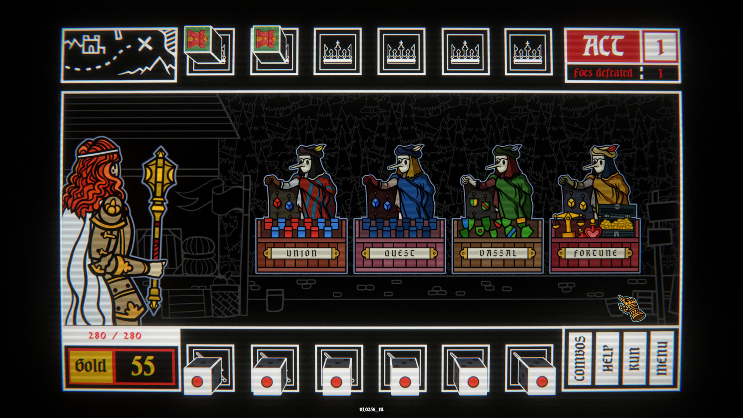 This is a screenshot of the Dicealot game interface. The game features a black background with white line art. A character with red hair, wearing armour and holding a golden staff, is positioned on the left side. The top of the screen displays a status bar with icons. Below the status bar, there are four vendor stations labelled "Union", "Quest", "Vassal", and "Fortune". Each vendor is represented by a character with a plague doctor-style mask. At the bottom left, the character's health is shown as "280/280", along with the gold count of "55". Also at the bottom and centre are dice. Menu buttons on the right include Combos, Help, Run, and Menu.
