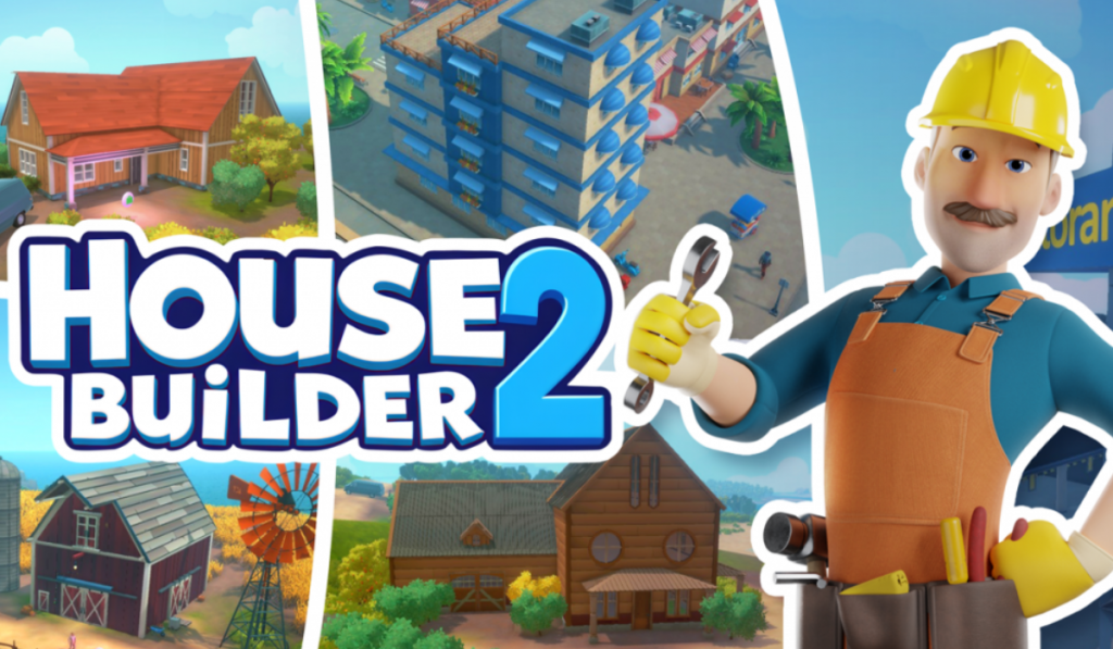 House Builder 2 key art. Game logo and a cartoon man dressed as a builder are shown atop a collage of images of various houses that can be built in the game.