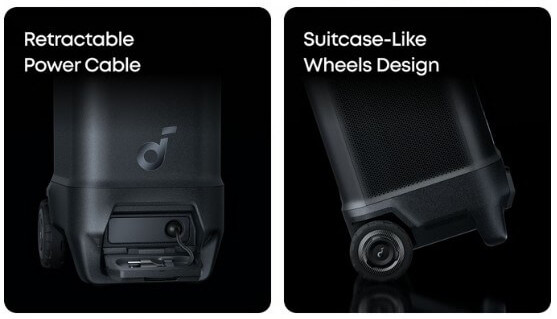 The image shows a speaker with a retractable power cable and suitcase-like wheels. The sleek black design suggests portability and convenience.