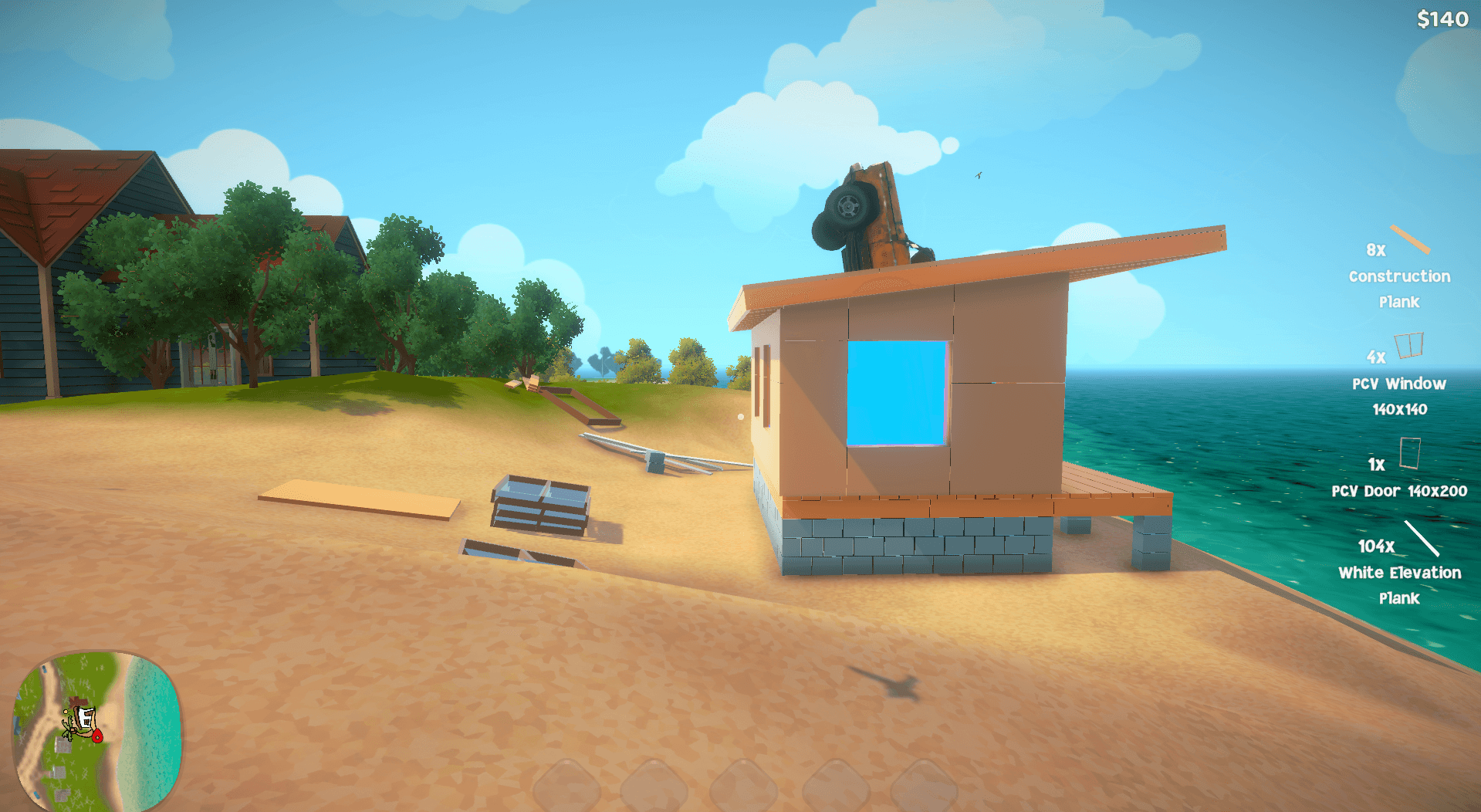 Screenshot from House Builder 2. This image shows the house built by the player with the car levitating vertically through the house, sticking out of the roof.