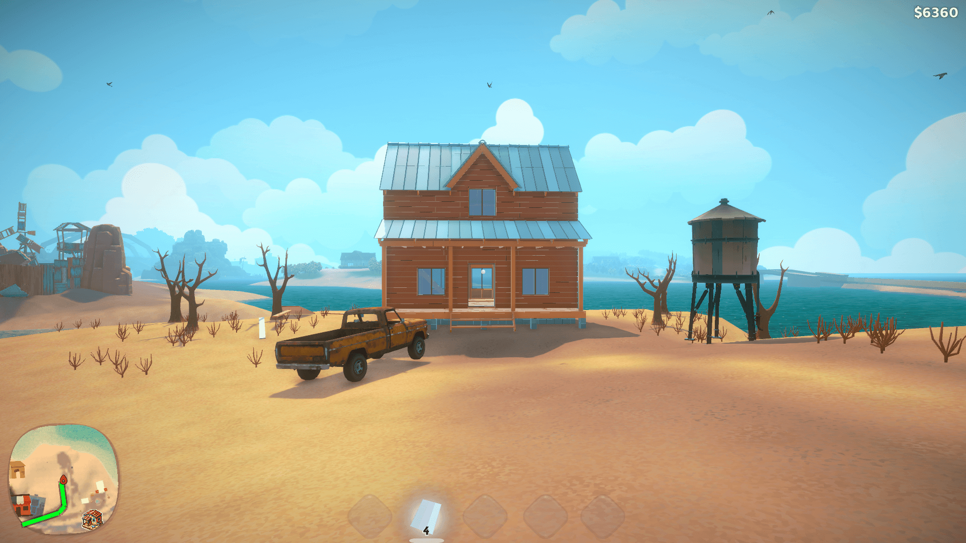 Screenshot from House Builder 2. This image shows the player's creation, this being a 2 level house. In the background it shows the ocean.
