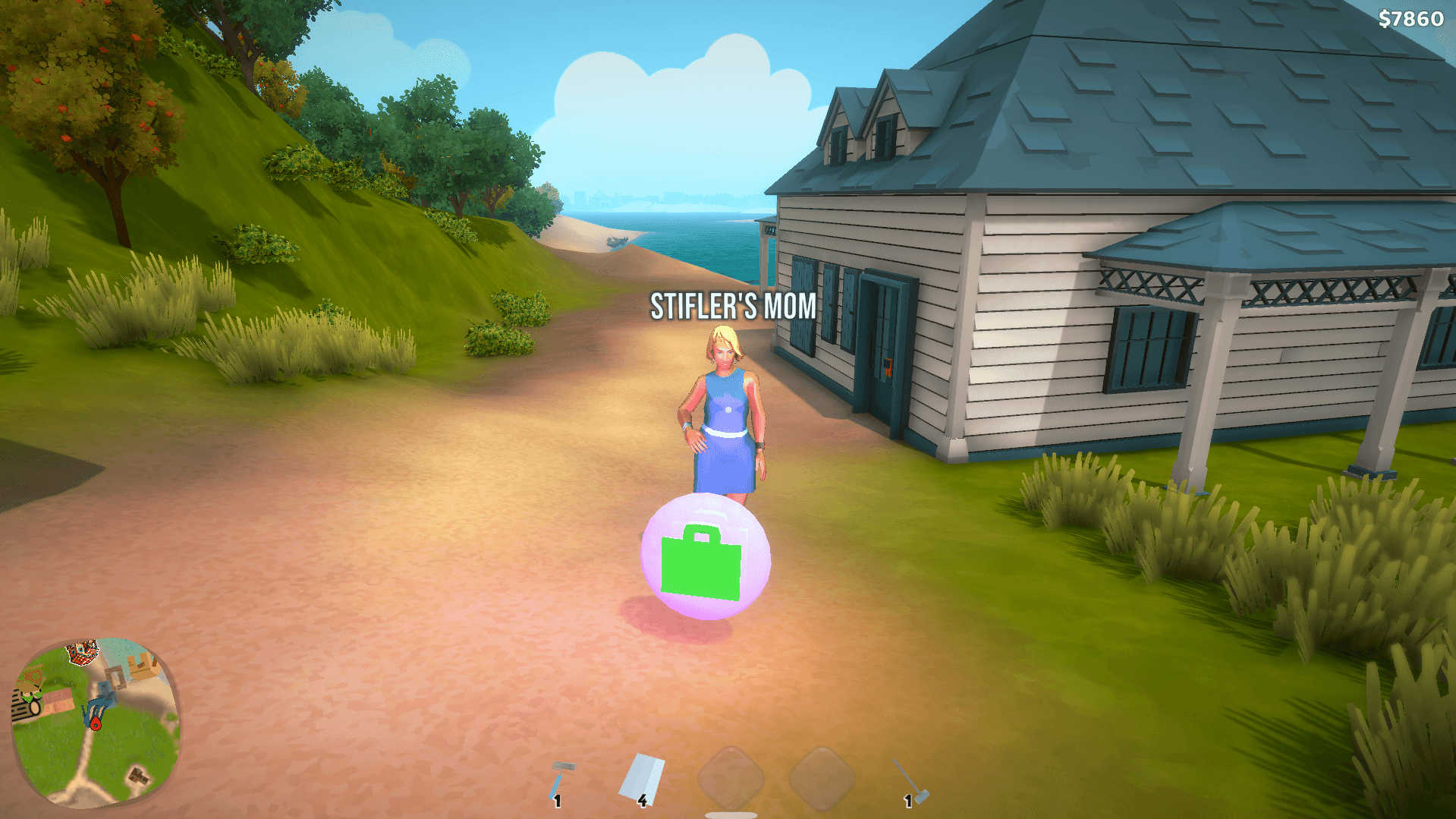 Screenshot from House Builder 2. This image shows the character of 'Stifler's Mom' standing in front of a house.