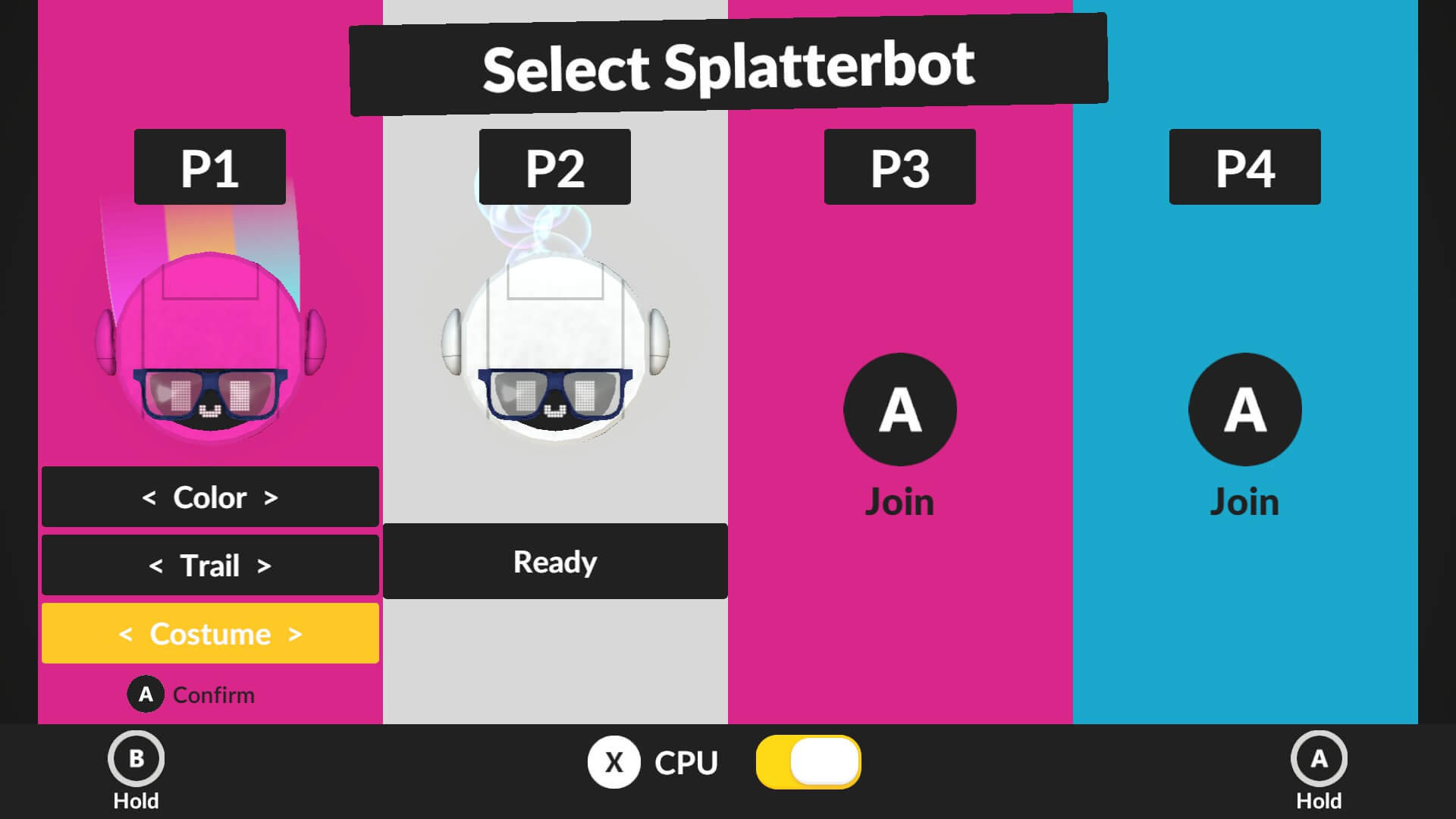 screenshot of splatterbot showing 4 character select areas as well as options to choose colour or trail