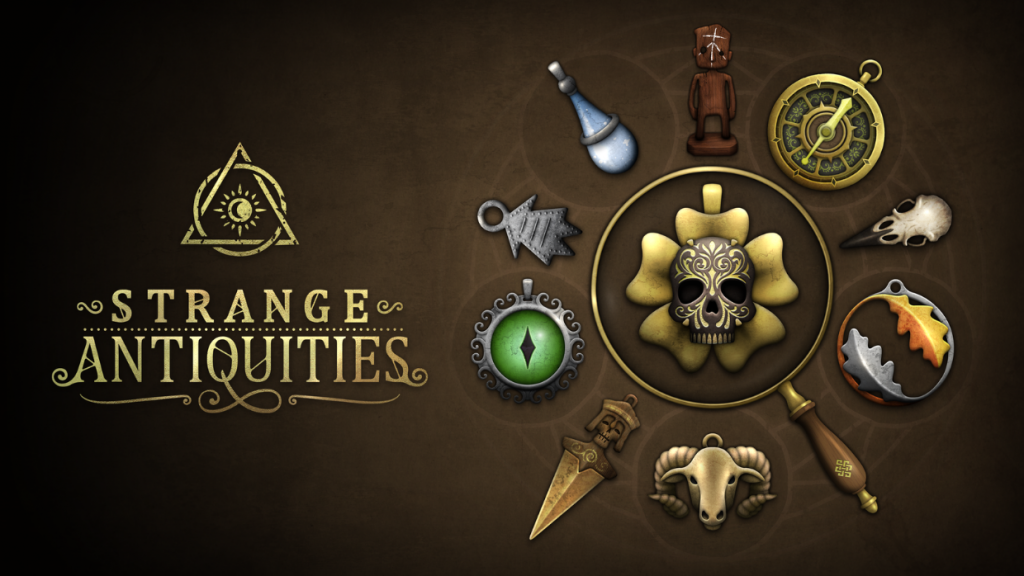The primary image of Strange Antiquities showing several apt occult items living up to the game's title