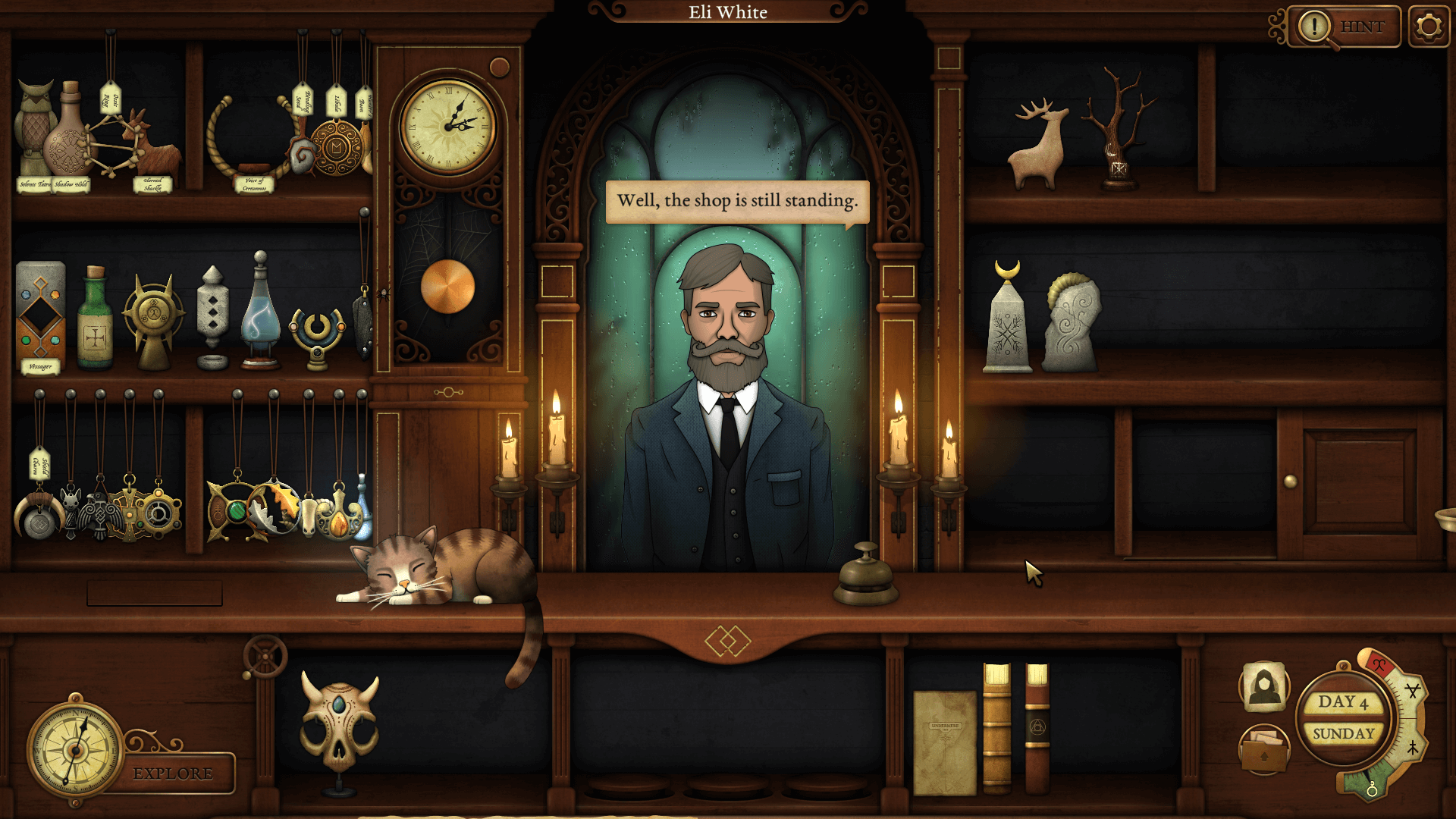 Screenshot from Strange Antiques. From the interior of the Victorian era occult store, the owner of the store Strange Antiquities visits and sarcastically comments that the shop is still standing.