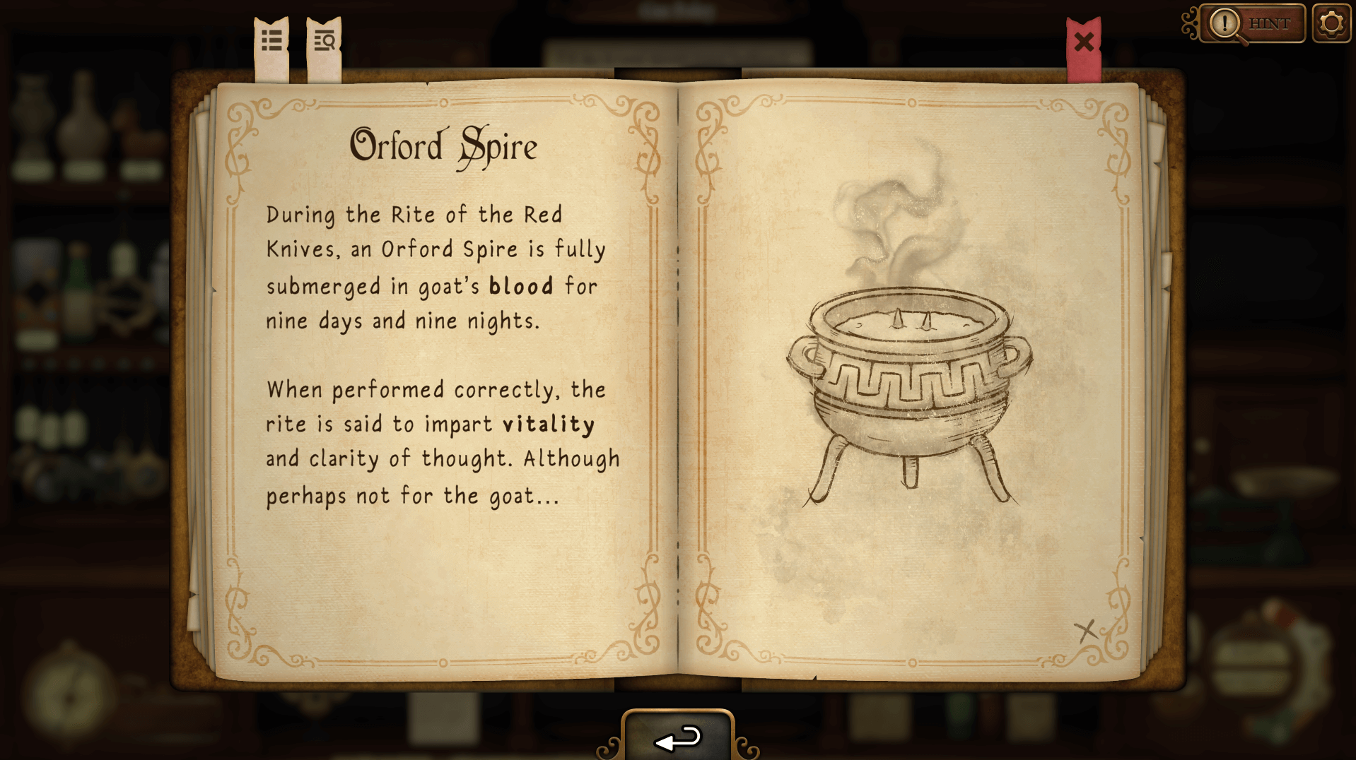 Screenshot from Strange Antiques. A book is open, showing information on a blood ritual meant to improve vitality and clear one's mind. The second page is a drawn image of a horned item boiling in a cauldron.
