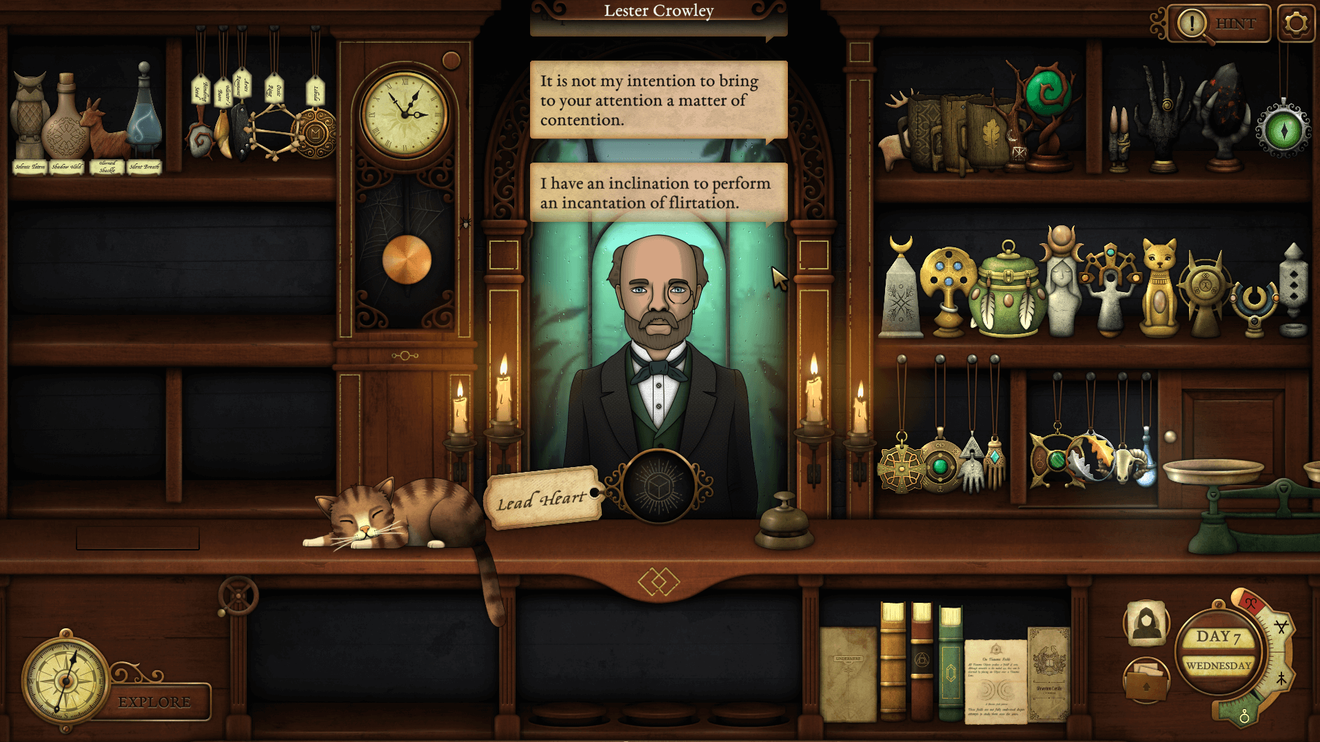 Screenshot from Strange Antiques. The interior of the Strange Antiquities store, with various bizarre and supernatural items on the shelves and behind the counter. A middle-aged balding male customer who speaks in rhyme is looking for aid in flirting.