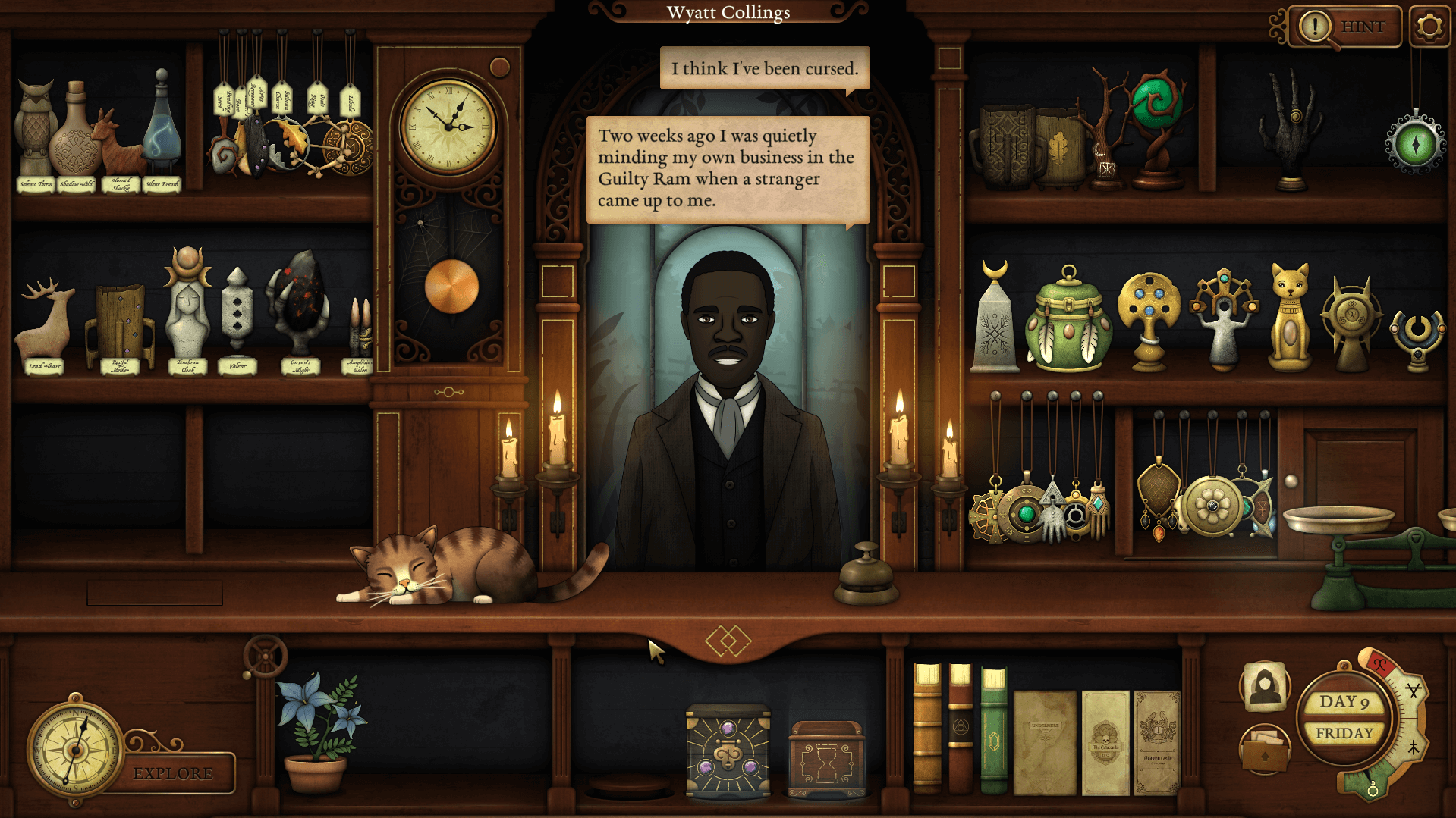 Screenshot from Strange Antiques. The interior of Strange Antiquities and a man is seeking help after accepting and reading a cursed book. The store has numerous supernatural antiques and books behind the counter to research a cure for this curse.