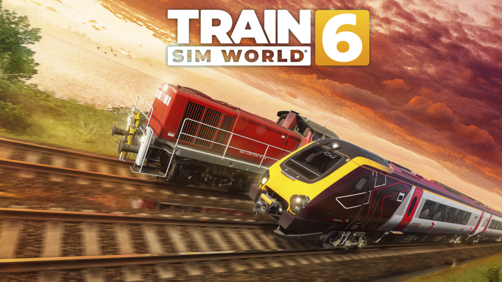 Two trains travel side by side on parallel tracks against a dramatic sunset. The image conveys speed and motion, with "Train Sim World 6" text above.