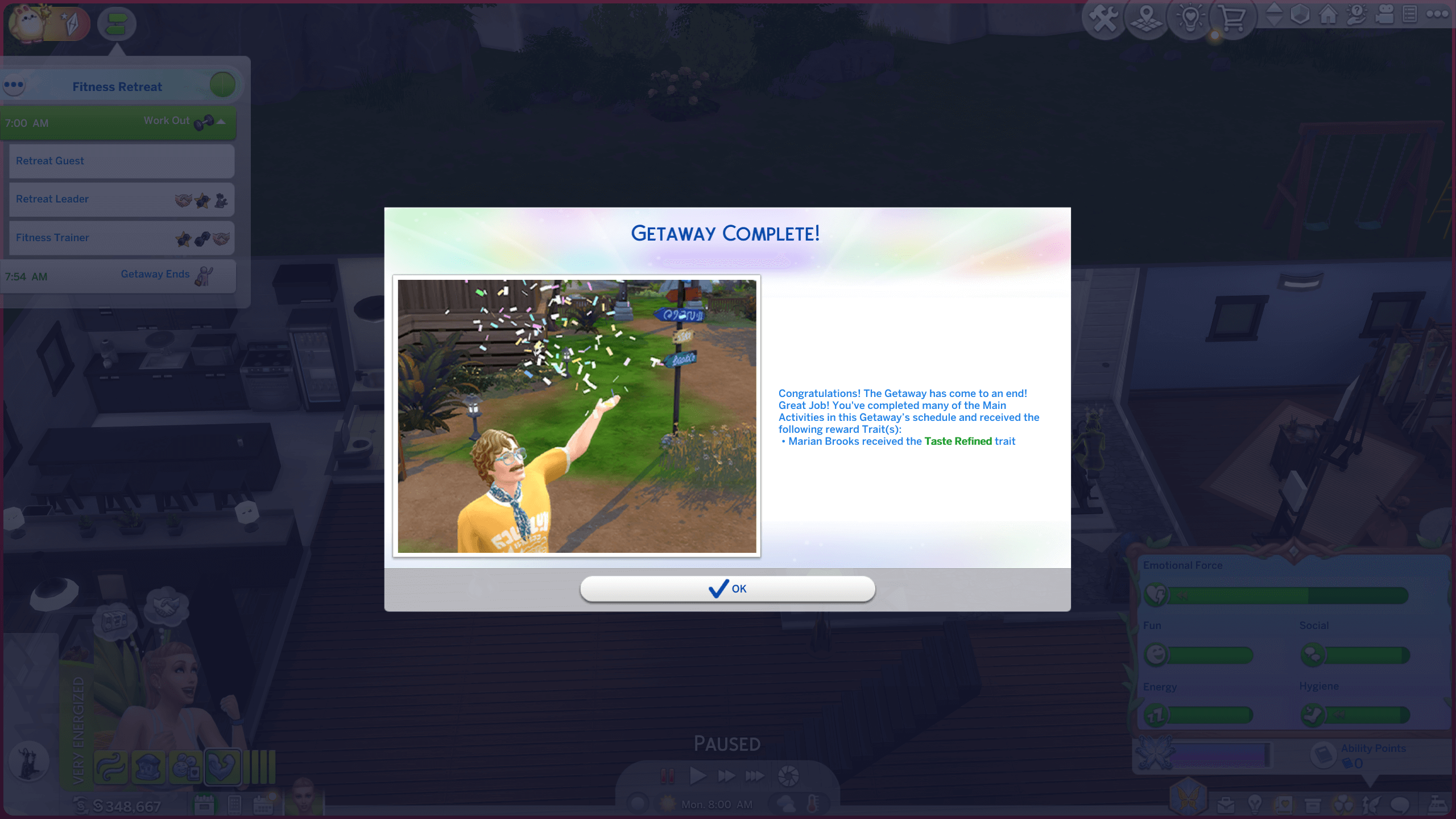 A screenshot celebrating the completion of a getaway, featuring confetti and a notification about rewards earned for activities completed.
