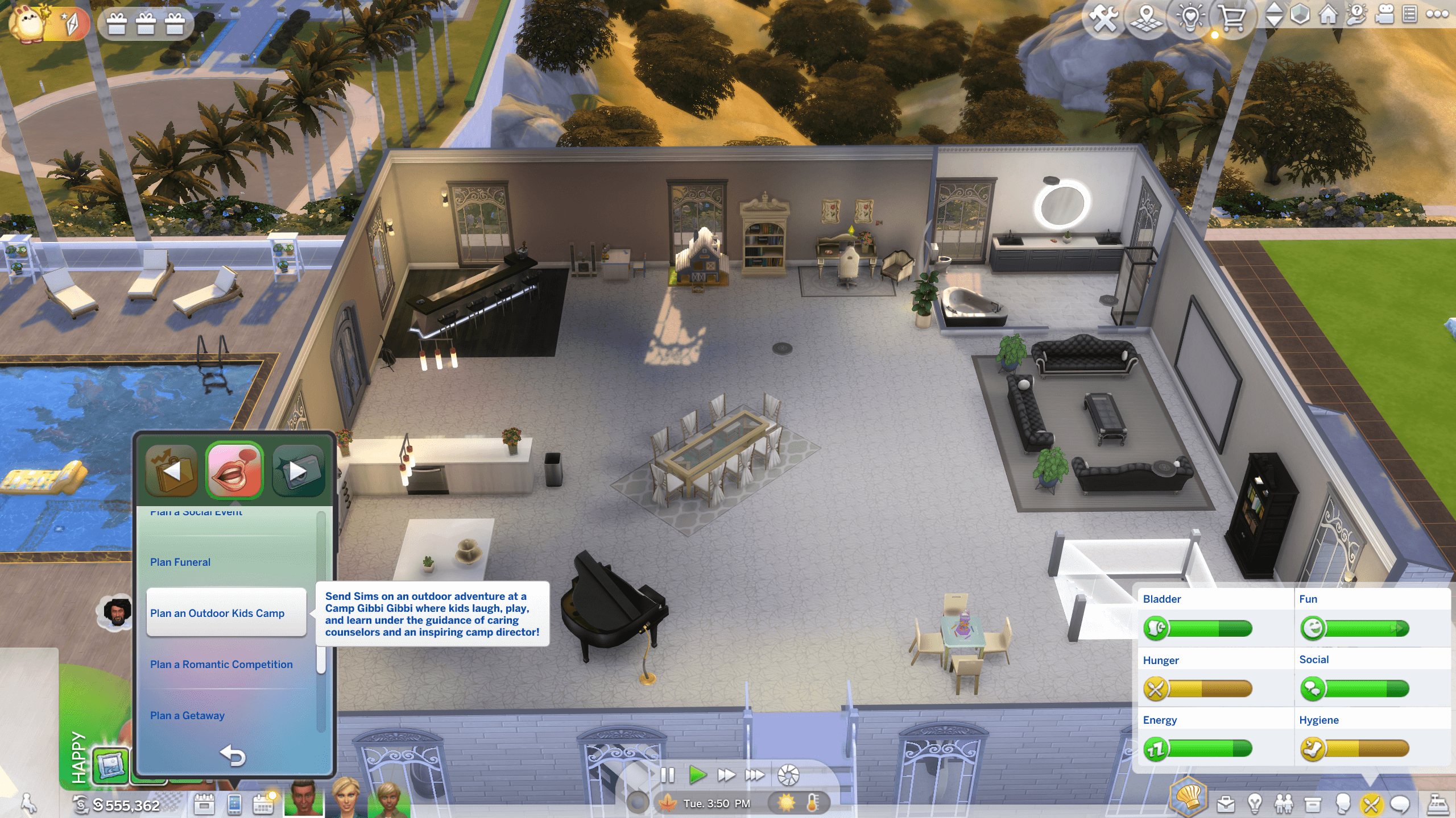 A virtual game interface displays a stylish home interior with a piano, pool, and planning options for social events.