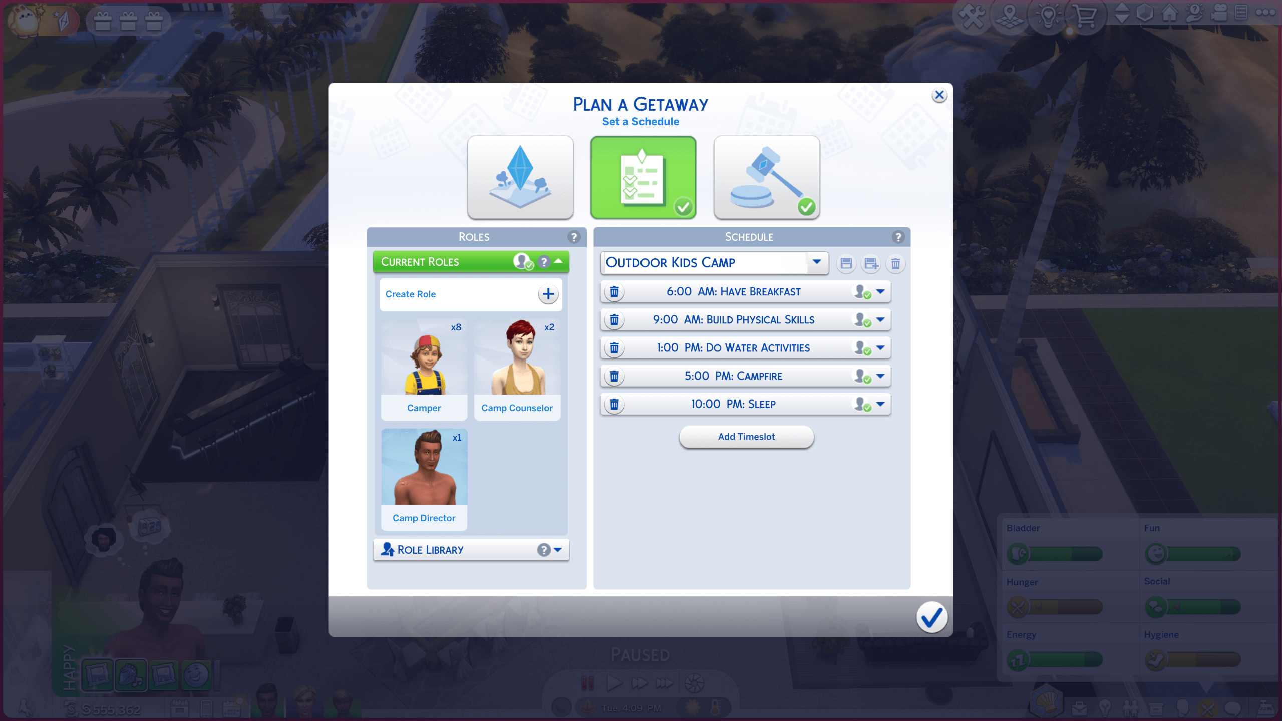 A digital interface for planning a getaway, showcasing roles and a daily schedule for an outdoor kids camp.