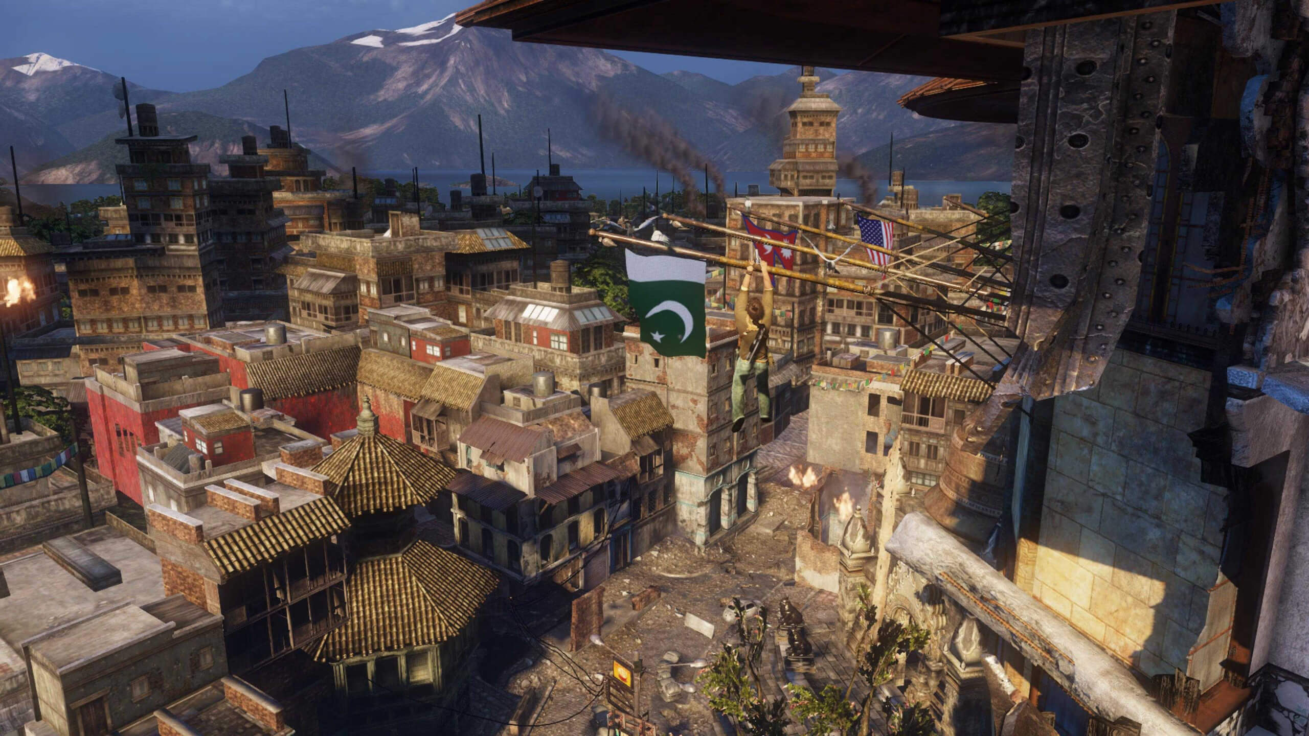 Screenshot from Uncharted 2: Among Thieves. A view of a city from a high vantage point.