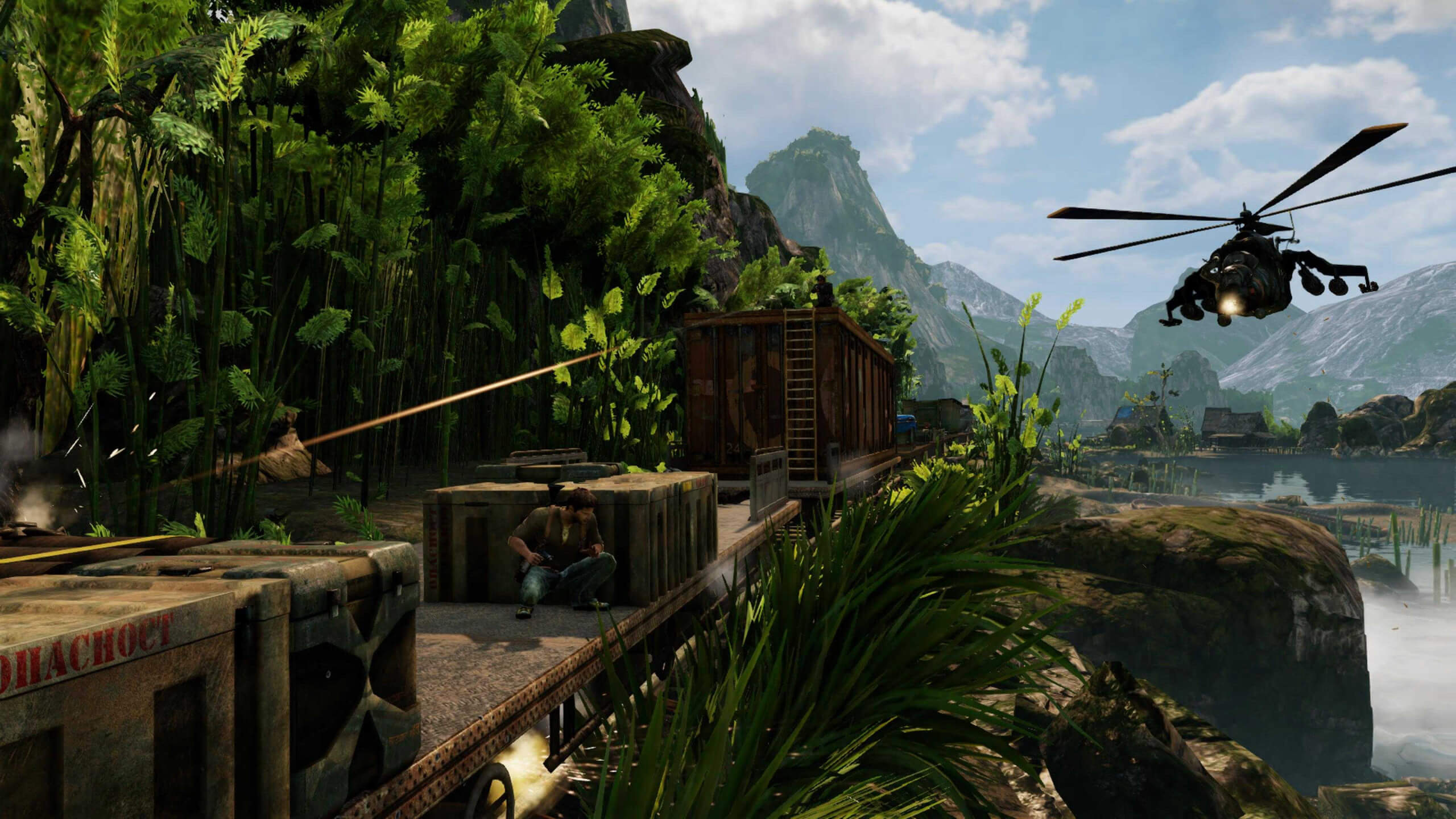 Screenshot from Uncharted 2: Among Thieves. Drake takes cover behind some crates on the bed of a cargo trailer of a train while a large, military helicopter fires bullets towards him.