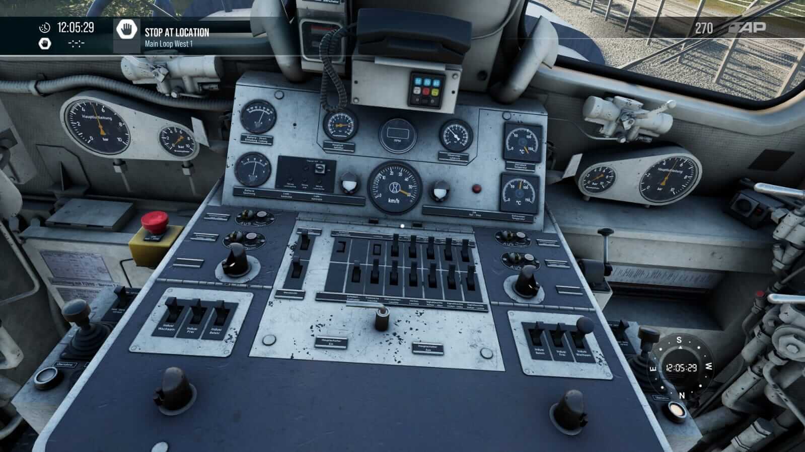 In-game control panel of a train cab with various levers, gauges, and buttons, conveying a sense of complexity and technical precision. Daylight filters in, creating a focused atmosphere.