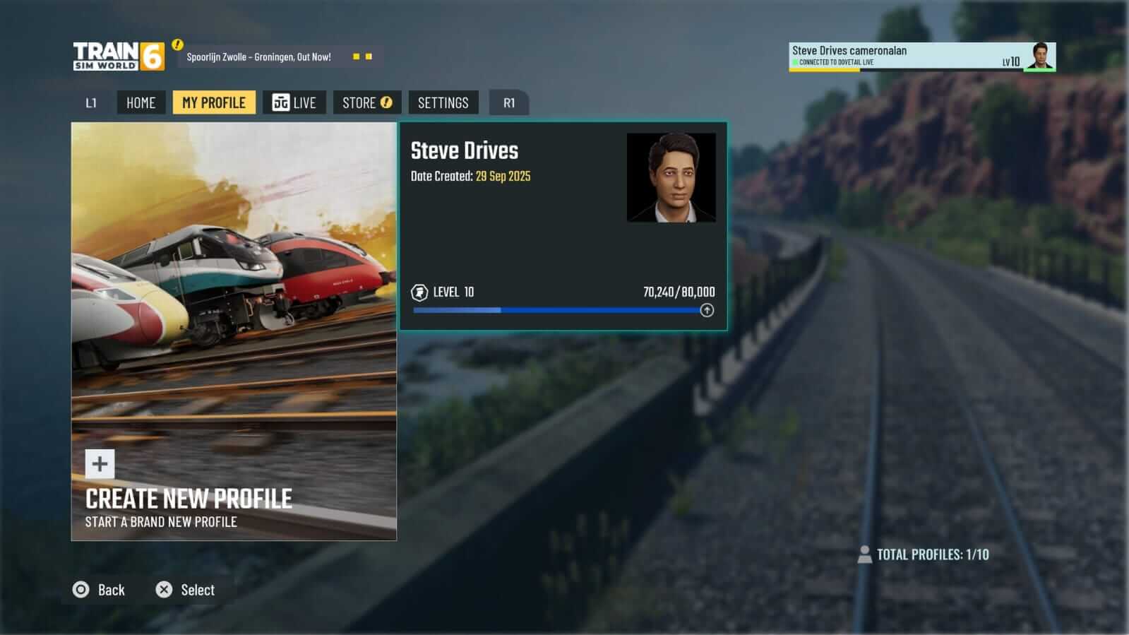 Menu interface for Train Sim World. Left: “Create New Profile” button with three trains. Right: Profile section showing a character named “Steve Drives,” who's level 10. Background: Scenic railway track.