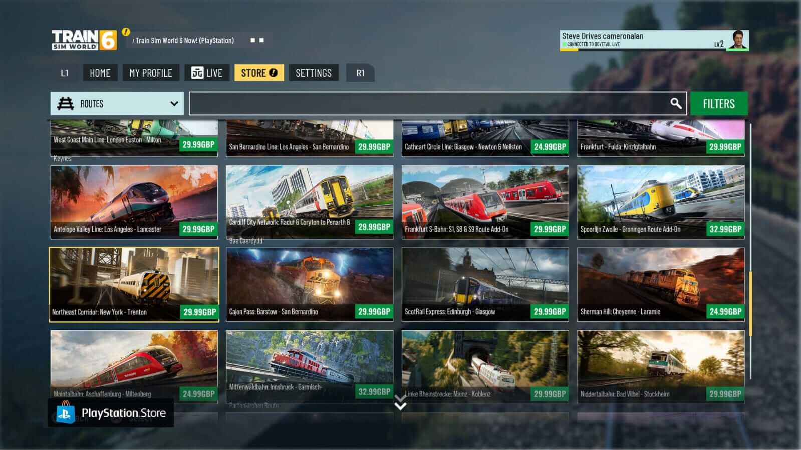A digital store interface for "Train Sim World 6" features various train route packages. Each route displays an image of trains in diverse settings, with prices shown in green boxes.