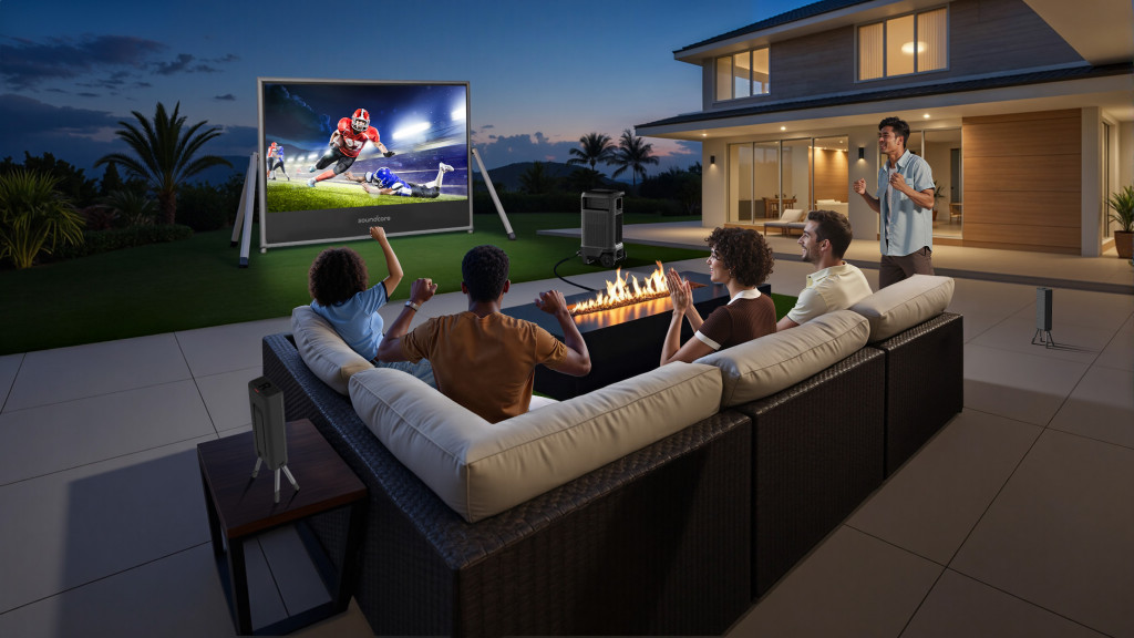 A group of people enjoys a football game on an outdoor screen at dusk. They're seated on a patio couch around a fire pit, exhibiting excitement.