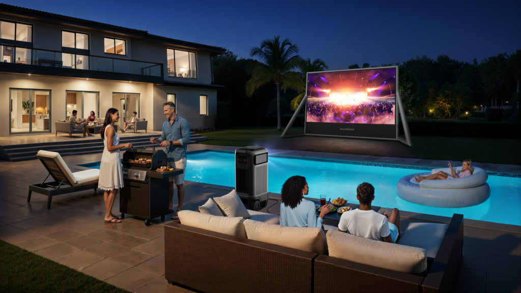 Outdoor evening gathering with a poolside barbecue. A couple grills while another pair sits on a sofa watching a movie on a large screen. Relaxed vibe.