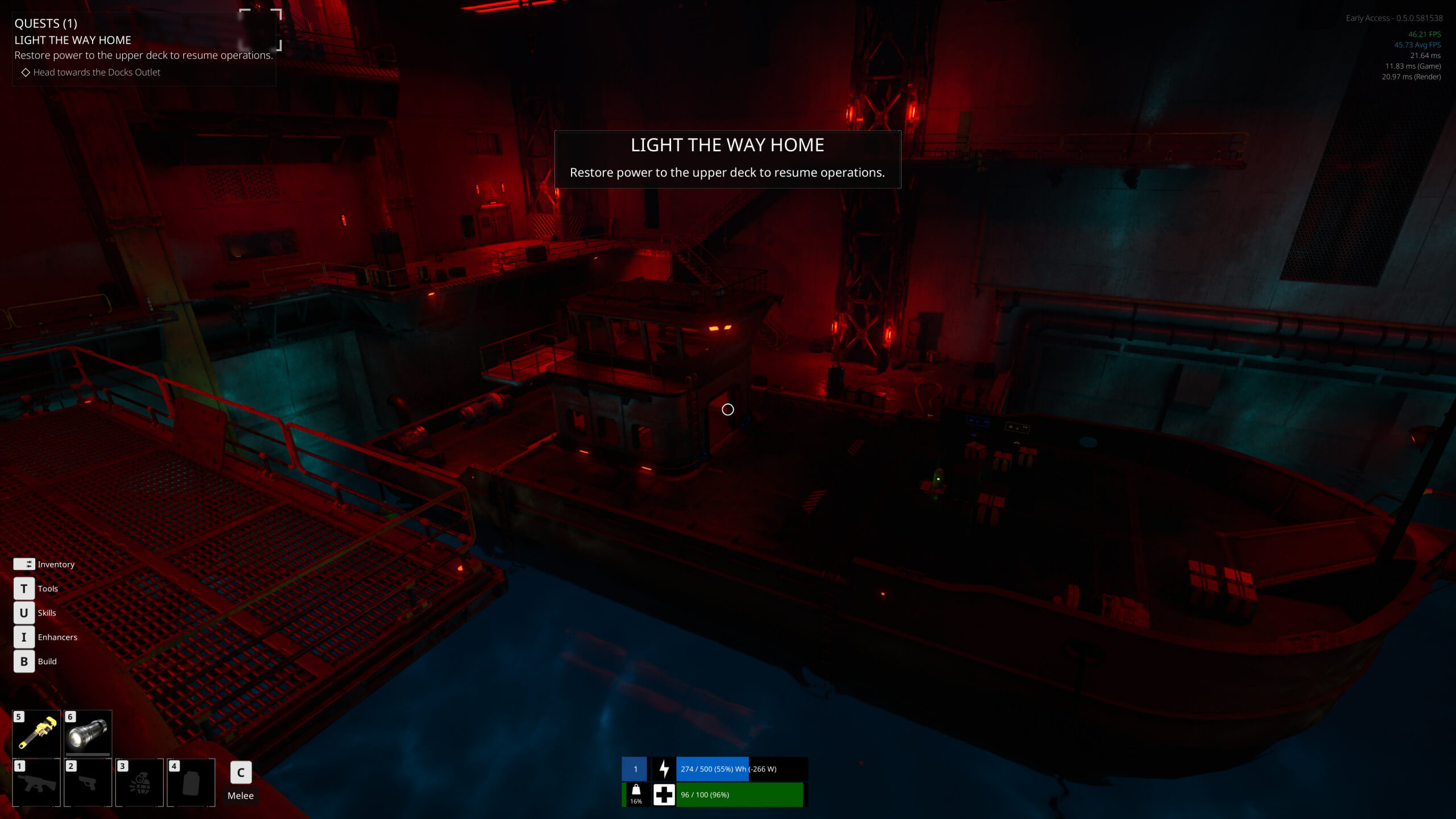 A dimly lit industrial dock scene with red lighting, featuring a power restoration quest and equipment on a ship.