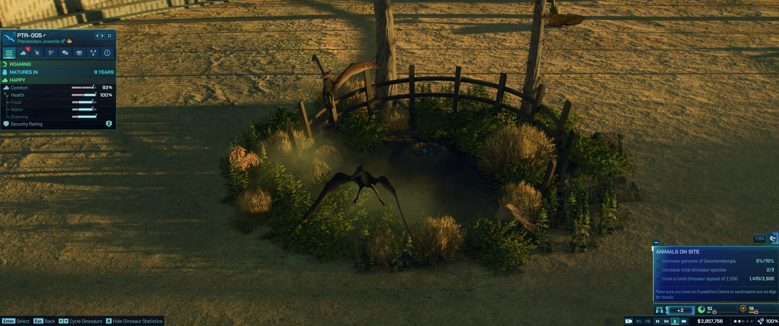 A screenshot depicting a nesting site enclosed by a fence, surrounded by different types of plants.
