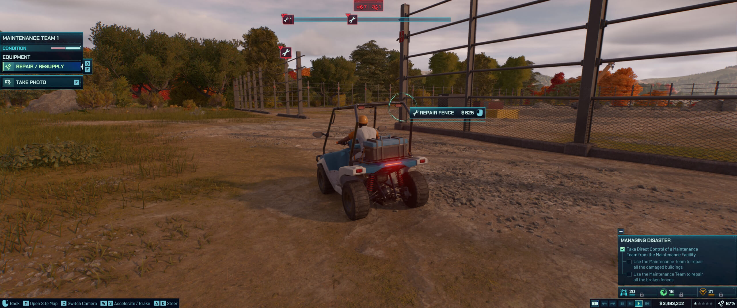 A maintenance vehicle prepares to repair a fence in a forested area, with on-screen stats and objectives visible for monitoring tasks.