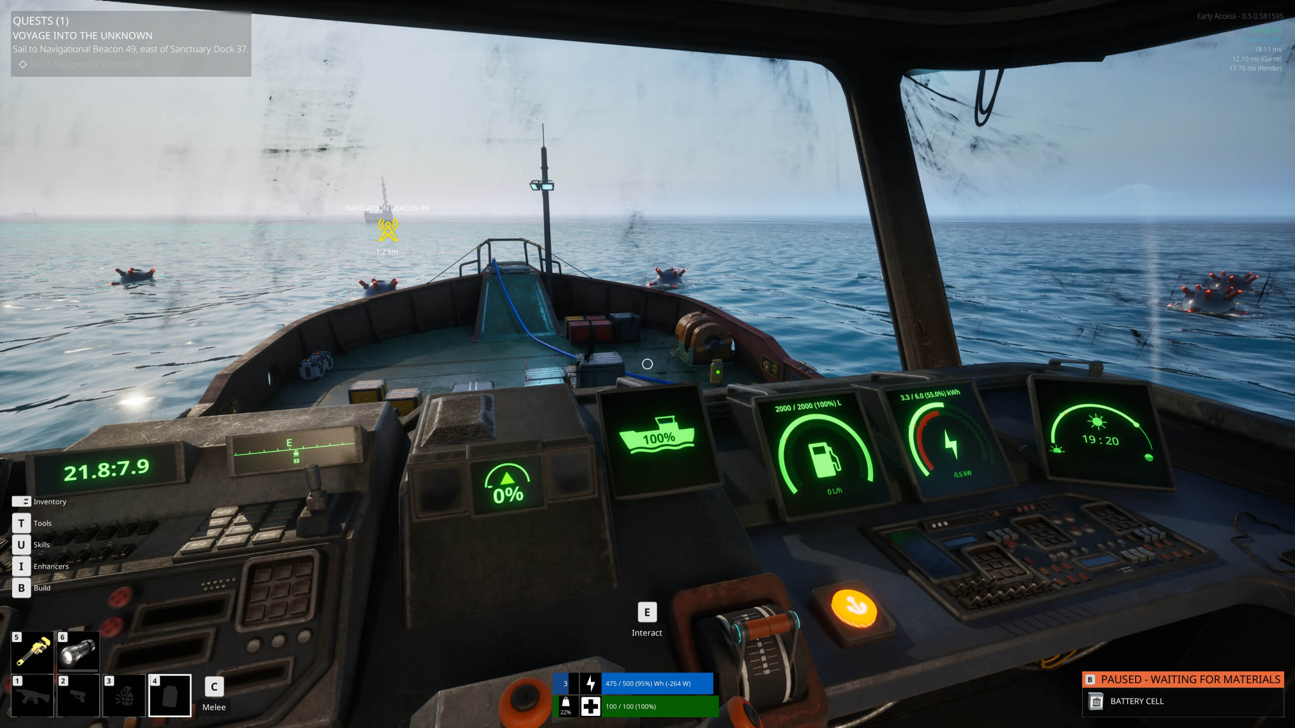 A view from the helm of a boat, showing controls, fuel levels, and navigational beacon, with boats in the calm sea ahead.