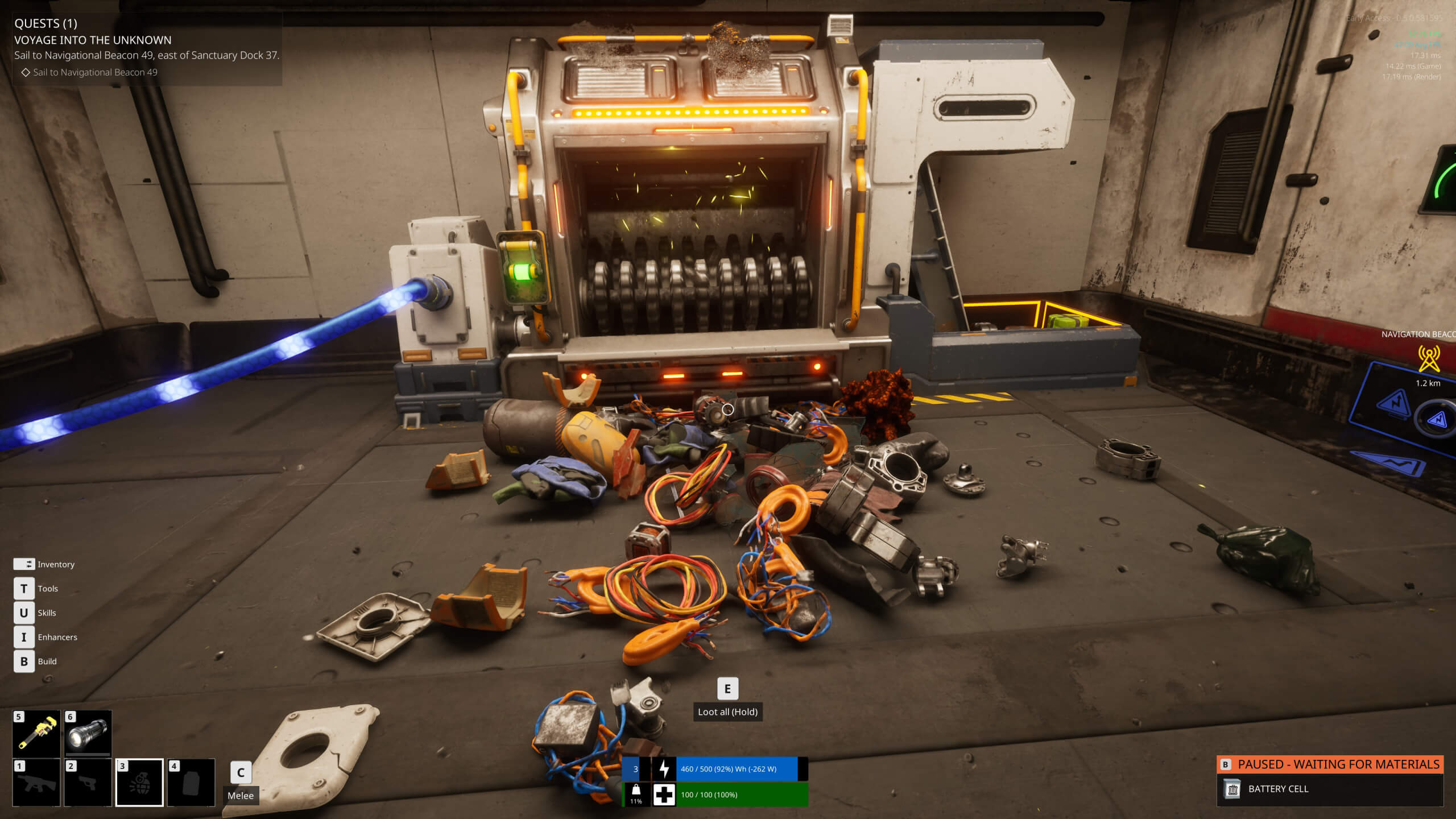 An industrial workspace featuring a holographic interface, scattered mechanical parts, and a large machine for processing items.