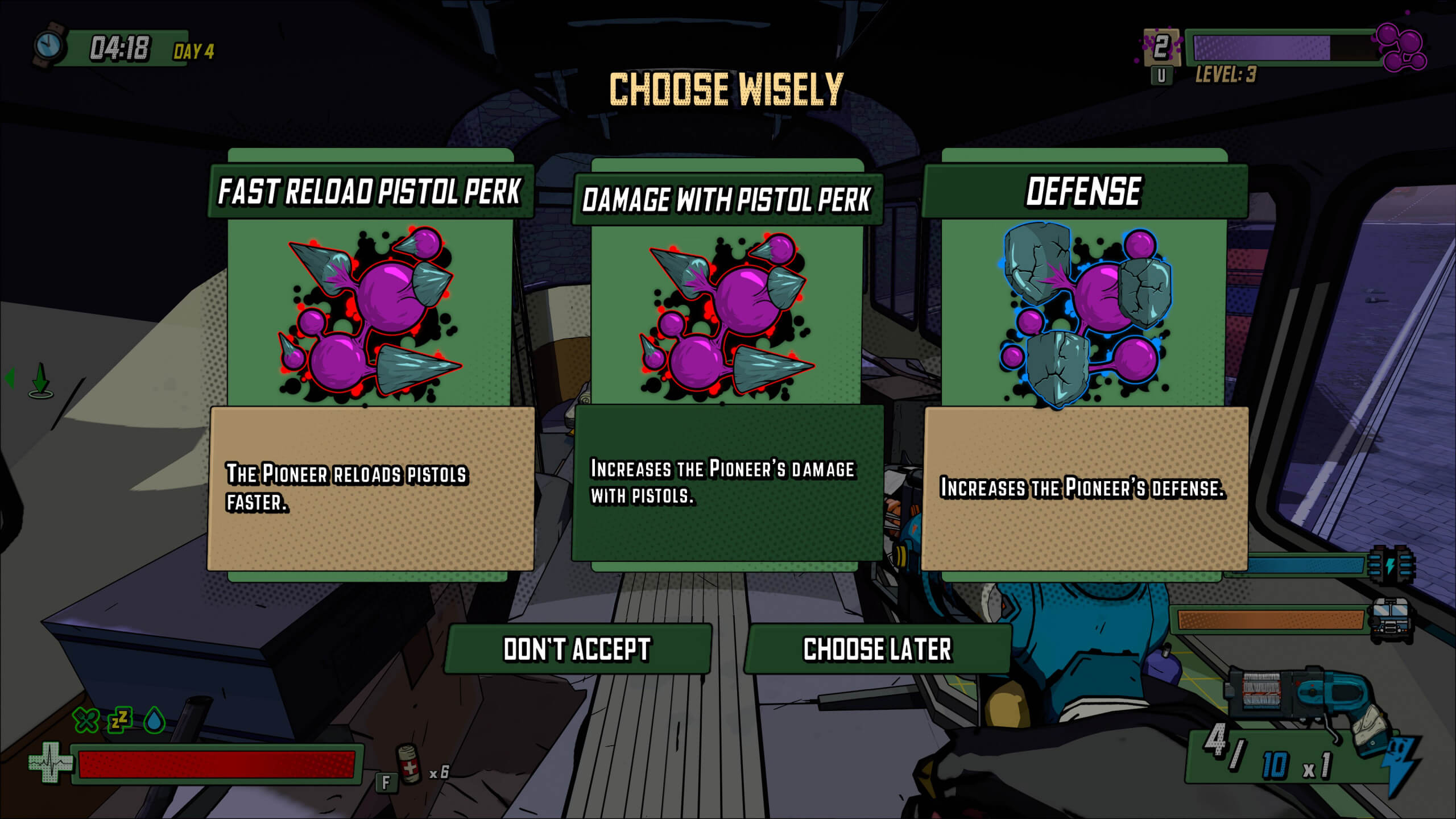 In a game menu, three perk options are displayed: Fast Reload, Damage with Pistols, and Defense, with descriptions and selection buttons.