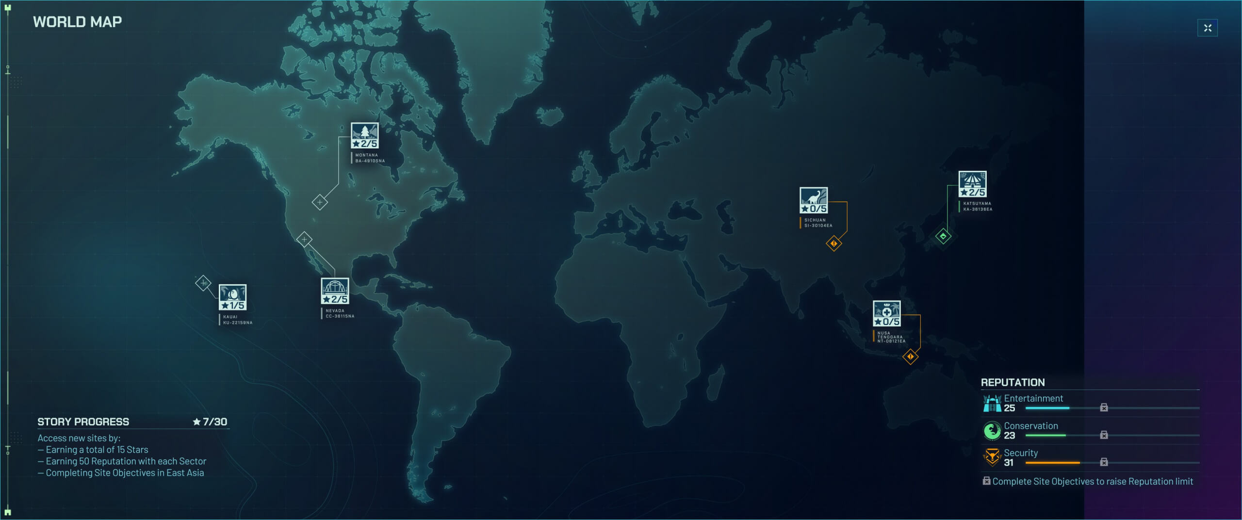 World map displaying various locations with progress indicators and reputation stats for different sectors, highlighting story objectives.