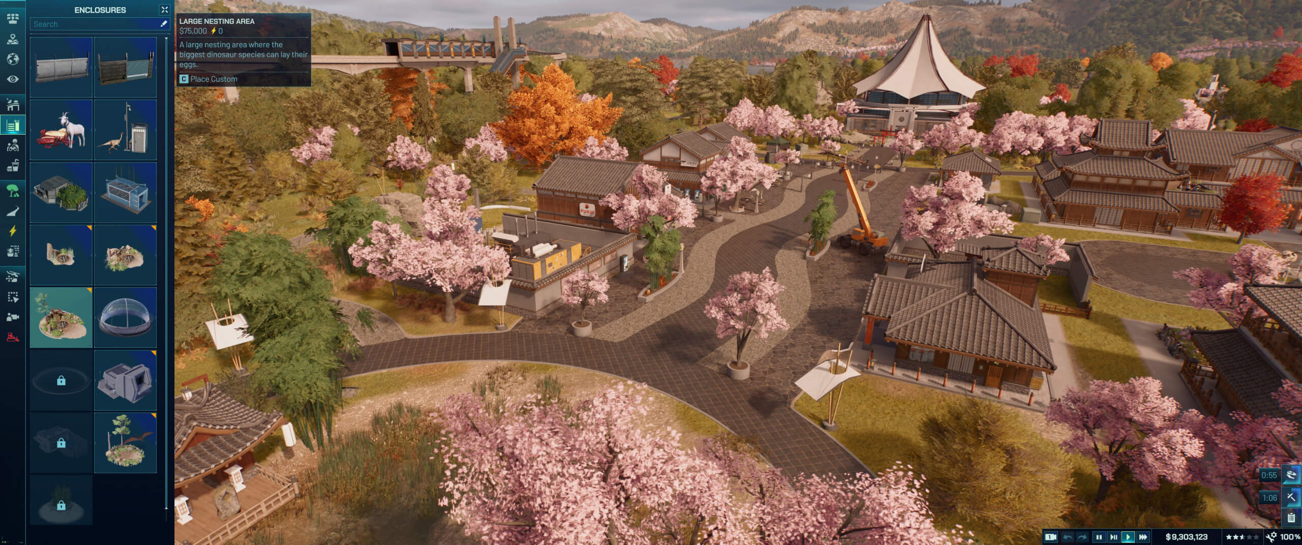A vibrant dinosaur park with cherry blossom trees, traditional buildings, and a construction area, showcasing an inviting landscape.