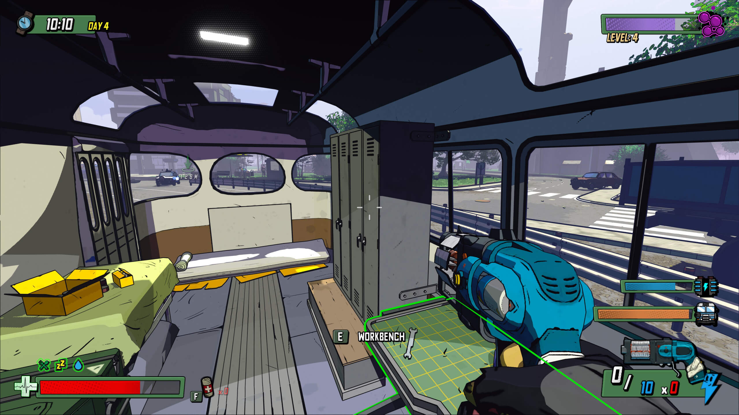 Inside a stylized vehicle, a player grips a tool while surrounded by a bed, lockers, and cityscape views through large windows.