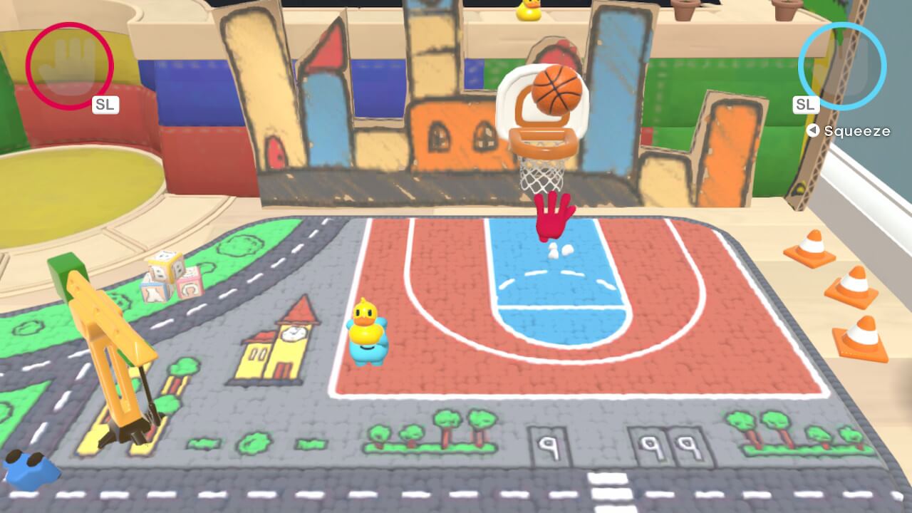 Screenshot from All Hands On Deck. In a cartoon daycare setting, an anthropomorphic, red hand shoots a basket ball towards a hoop.