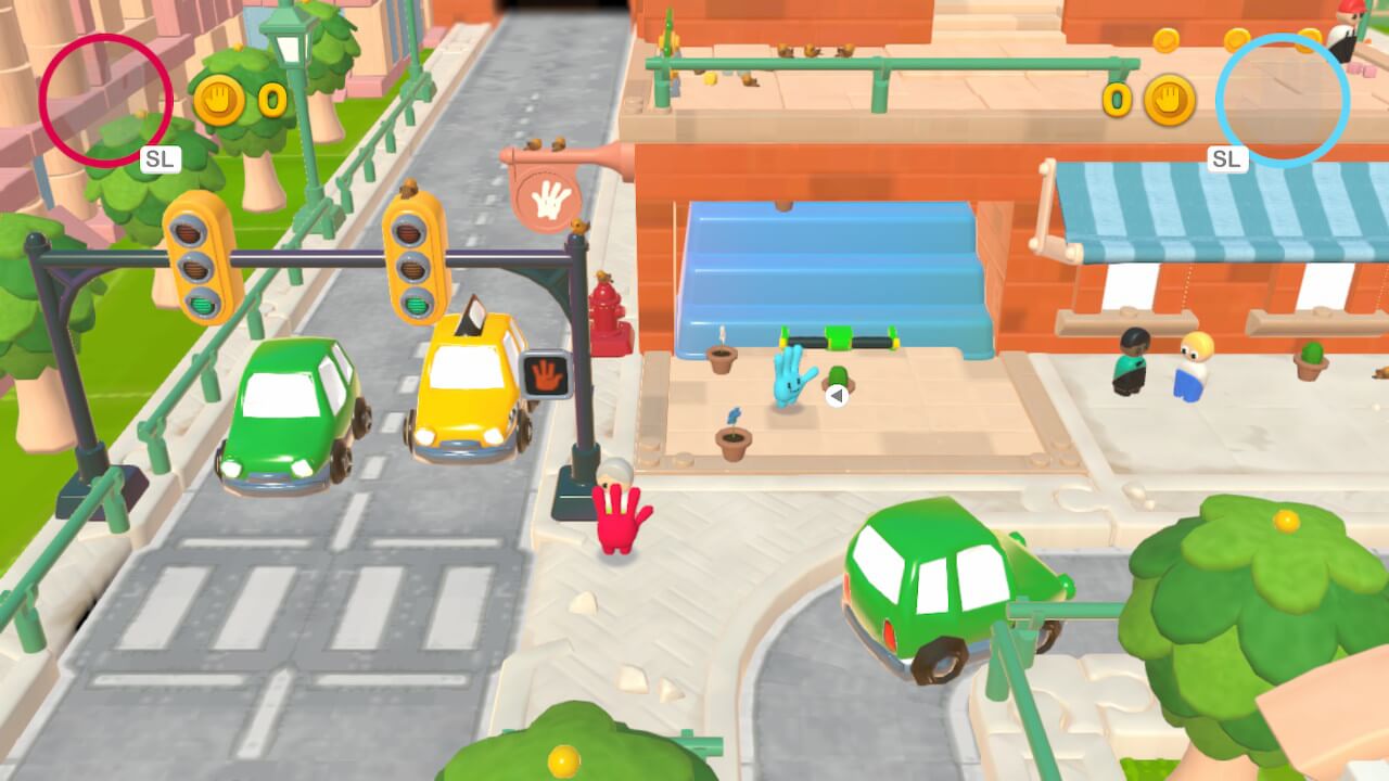 Screenshot from All Hands On Deck. In a cartoon town, 2 anthropomorphic hands stand on a pavement between 2 roads with toys cars driving along them.