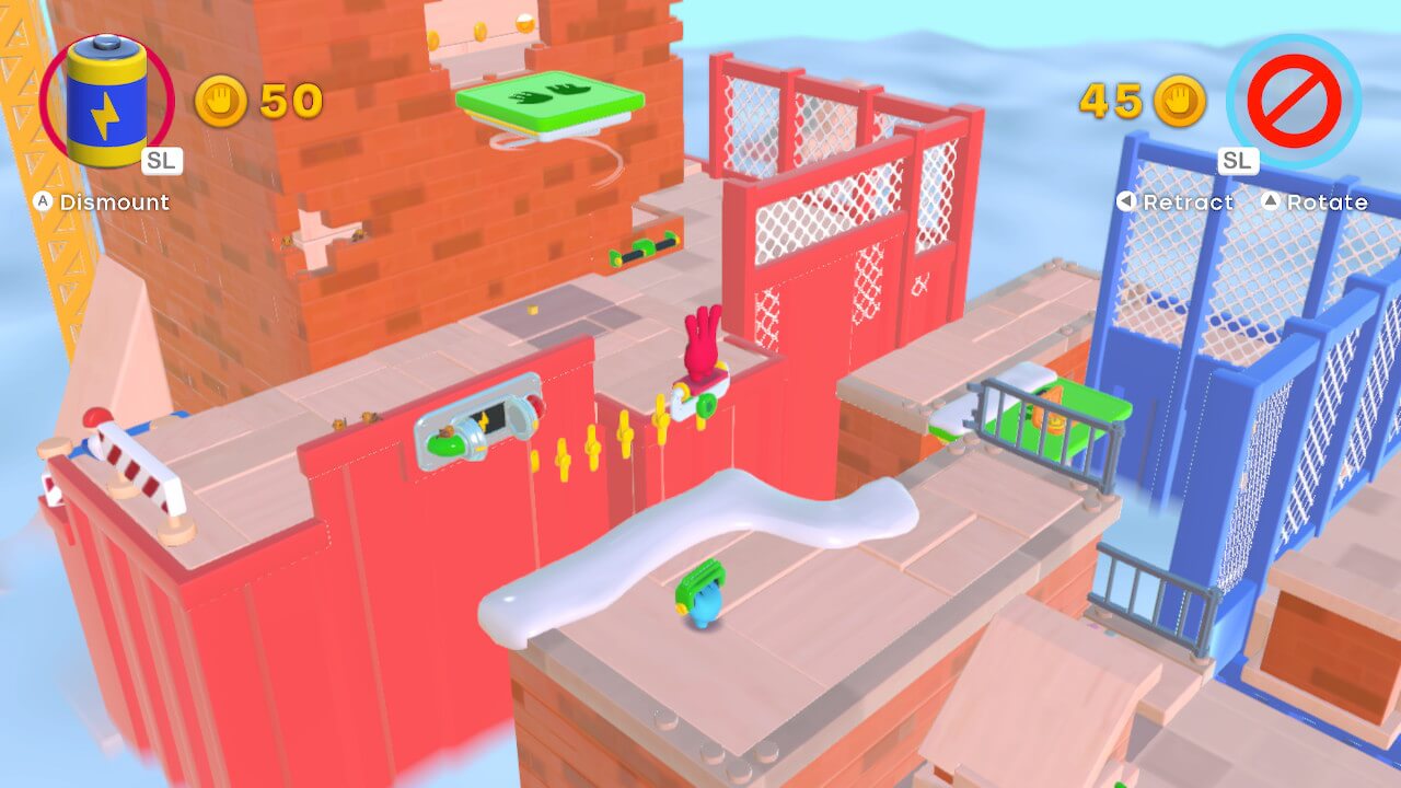 Screenshot from All Hands On Deck. A player using an extendable platform to lift another player into the air. The extendable bars appear to begin in the middle of nowhere, rather than from the handle of the tool.