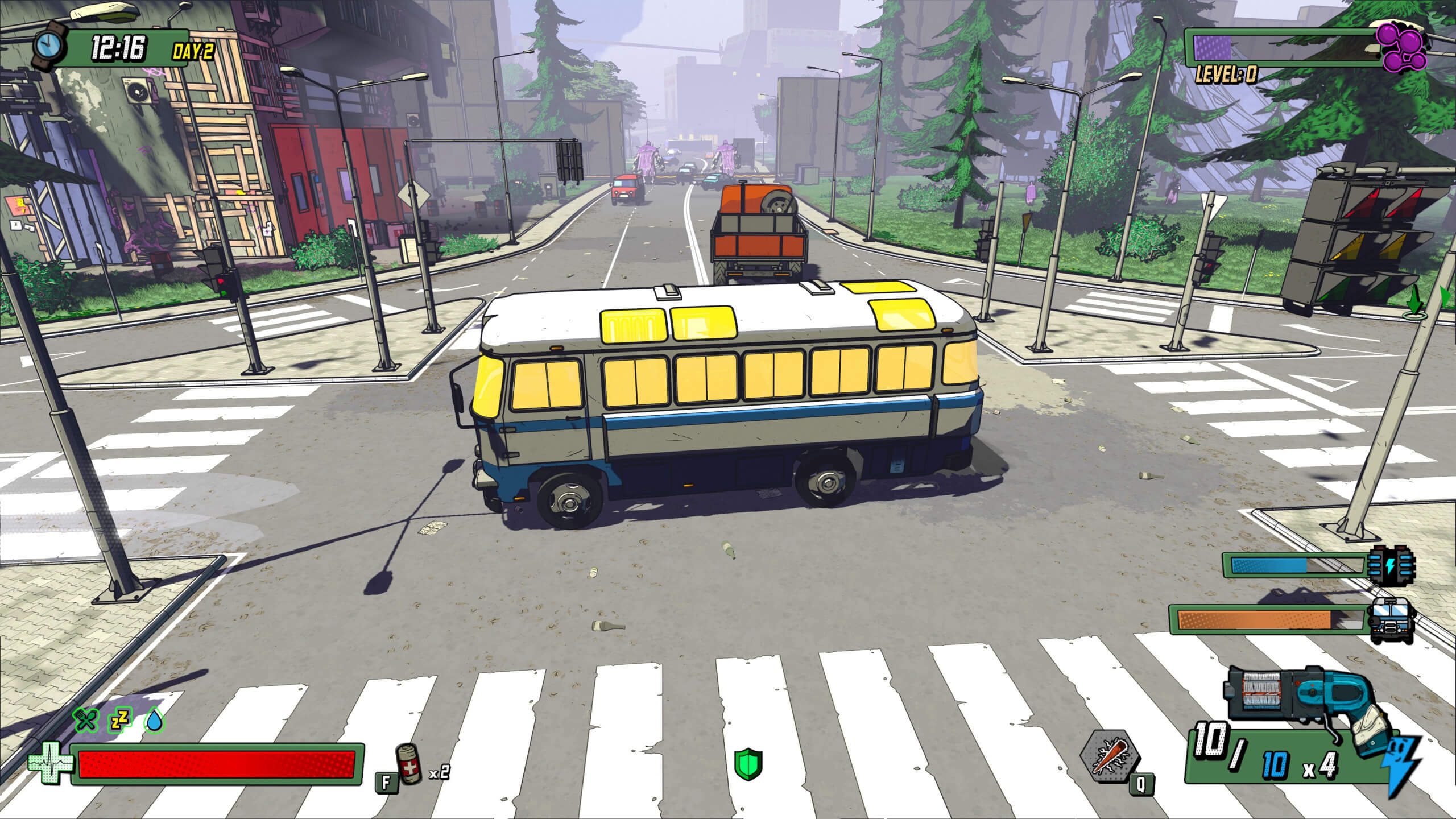 A colourful, comic-style illustration of a bus in an urban setting, with traffic lights, crosswalks, and tall buildings in the background.