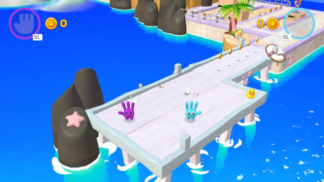 Screenshot from All Hands On Deck. 2 player characters stand on a raised platform above a body of water, facing the camera.